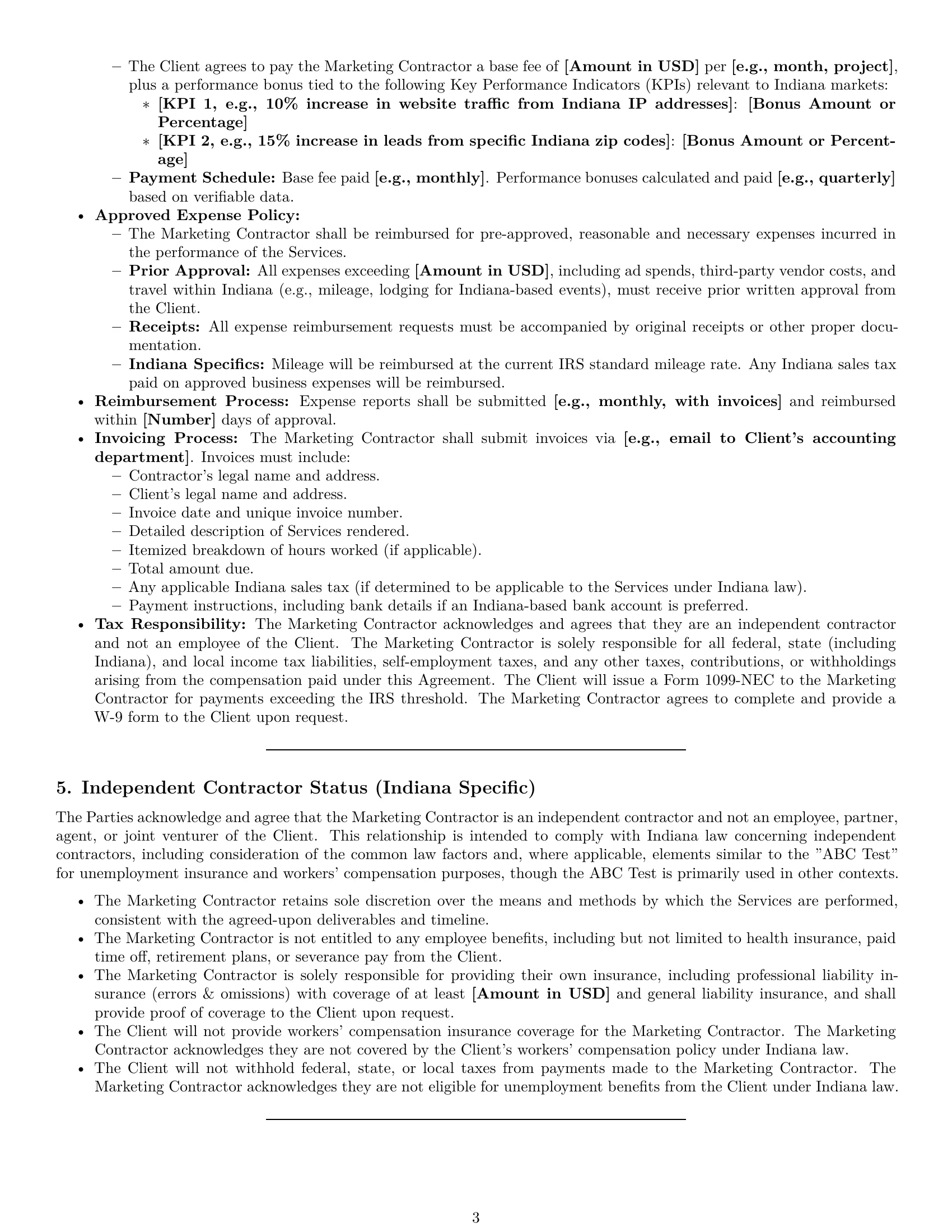 Preview page 3 of Pro Indiana marketing independent contractor agreement template