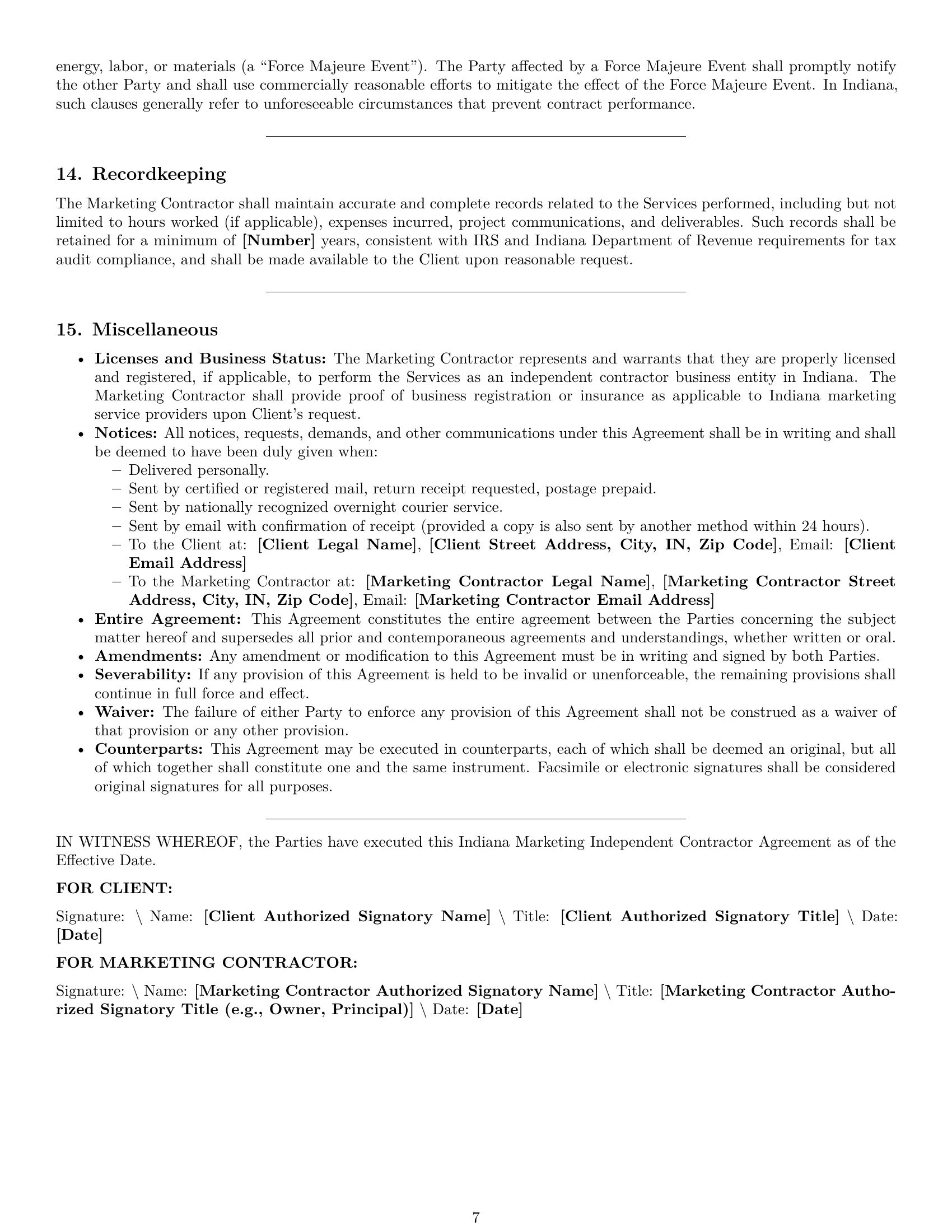 Preview page 7 of Pro Indiana marketing independent contractor agreement template
