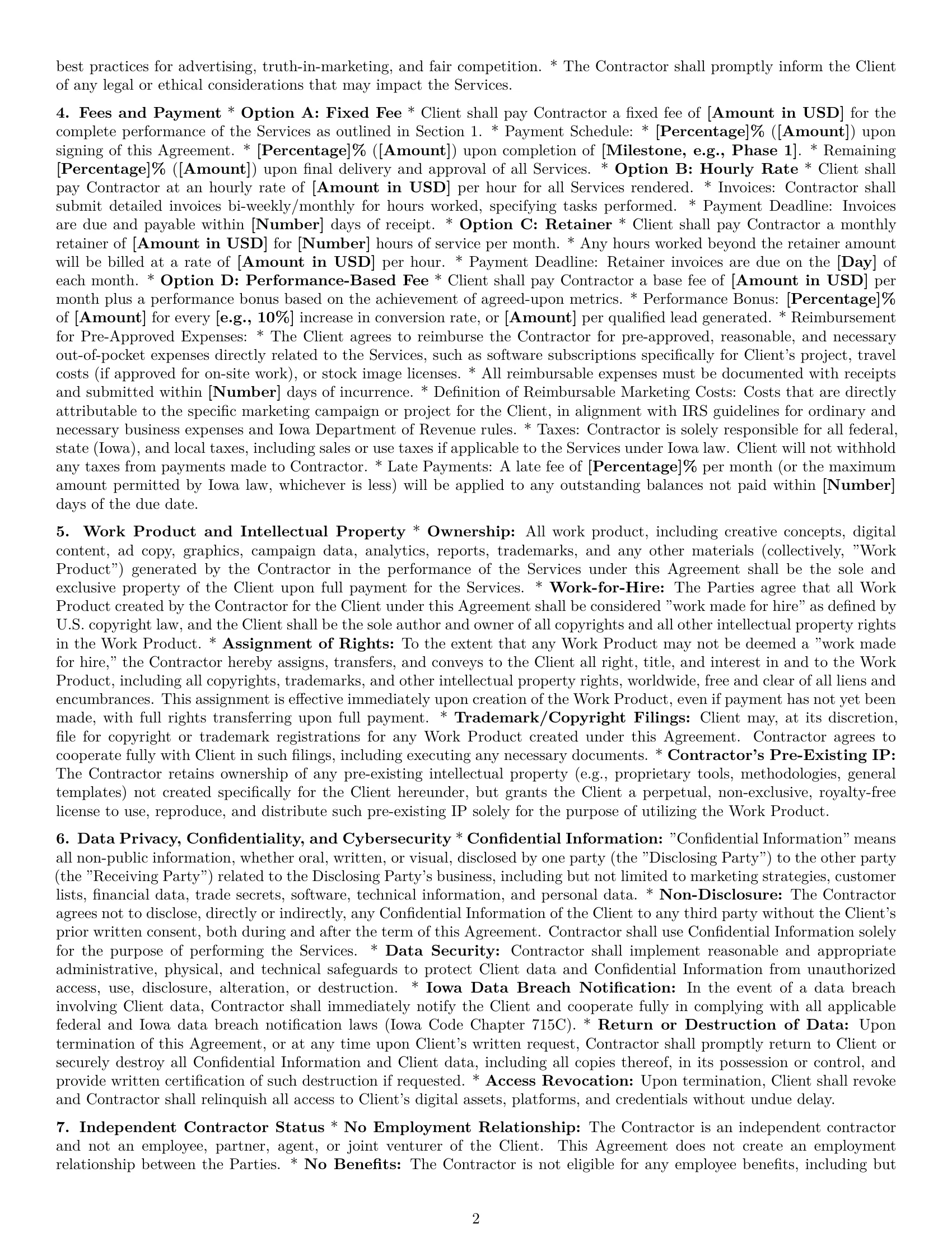 Preview page 2 of Pro Iowa marketing independent contractor agreement template