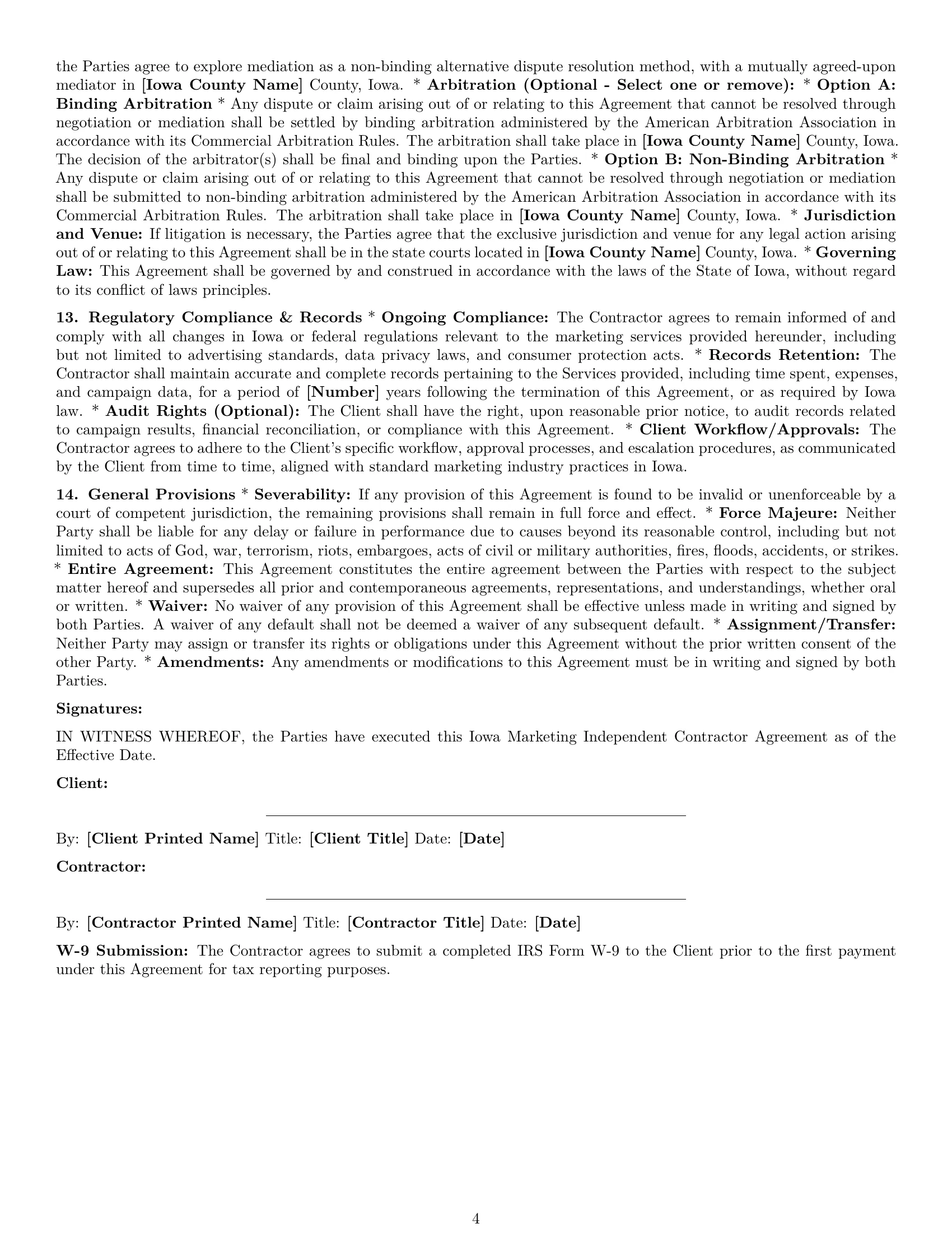 Preview page 4 of Pro Iowa marketing independent contractor agreement template