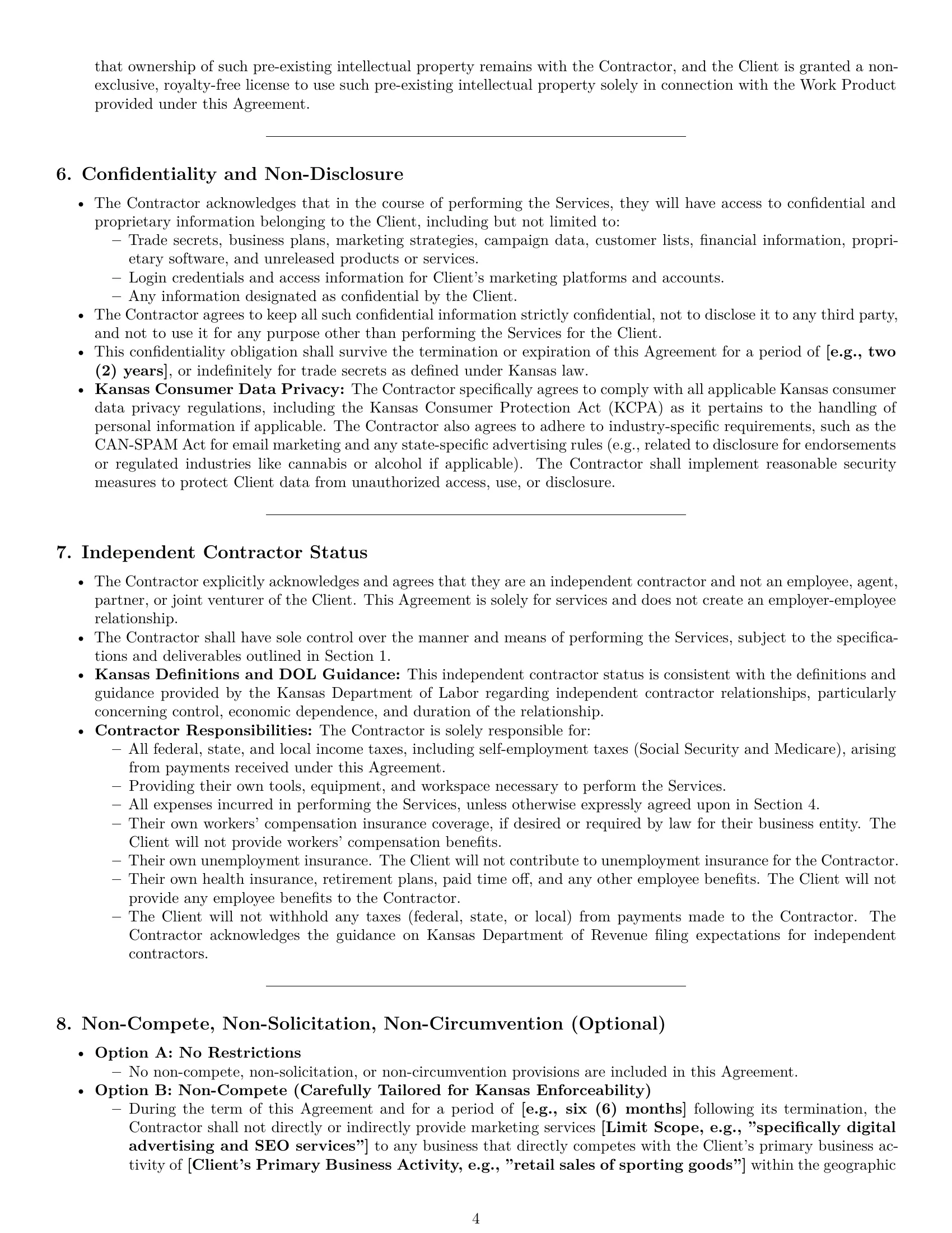 Preview page 4 of Pro Kansas marketing independent contractor agreement template