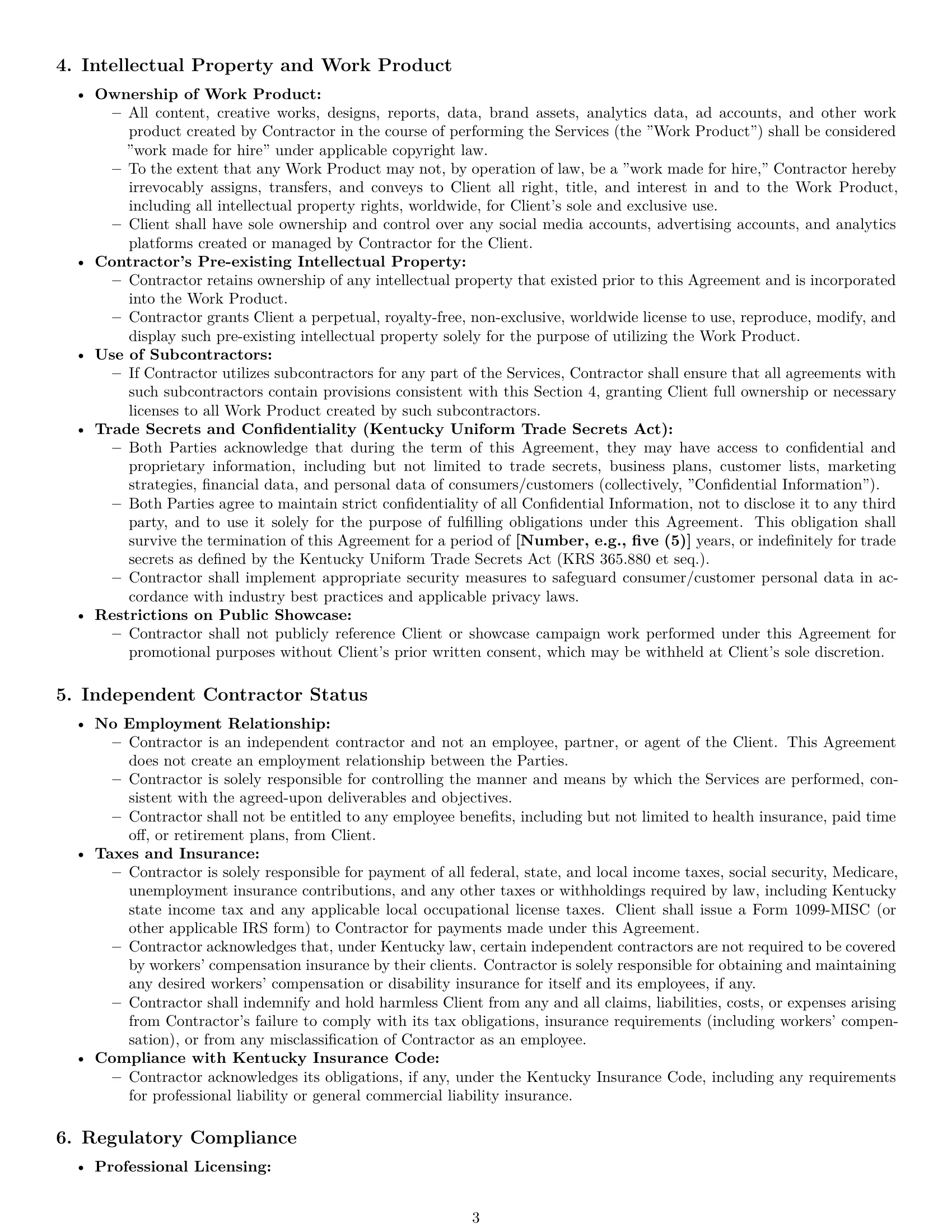 Preview page 3 of Pro Kentucky marketing independent contractor agreement template