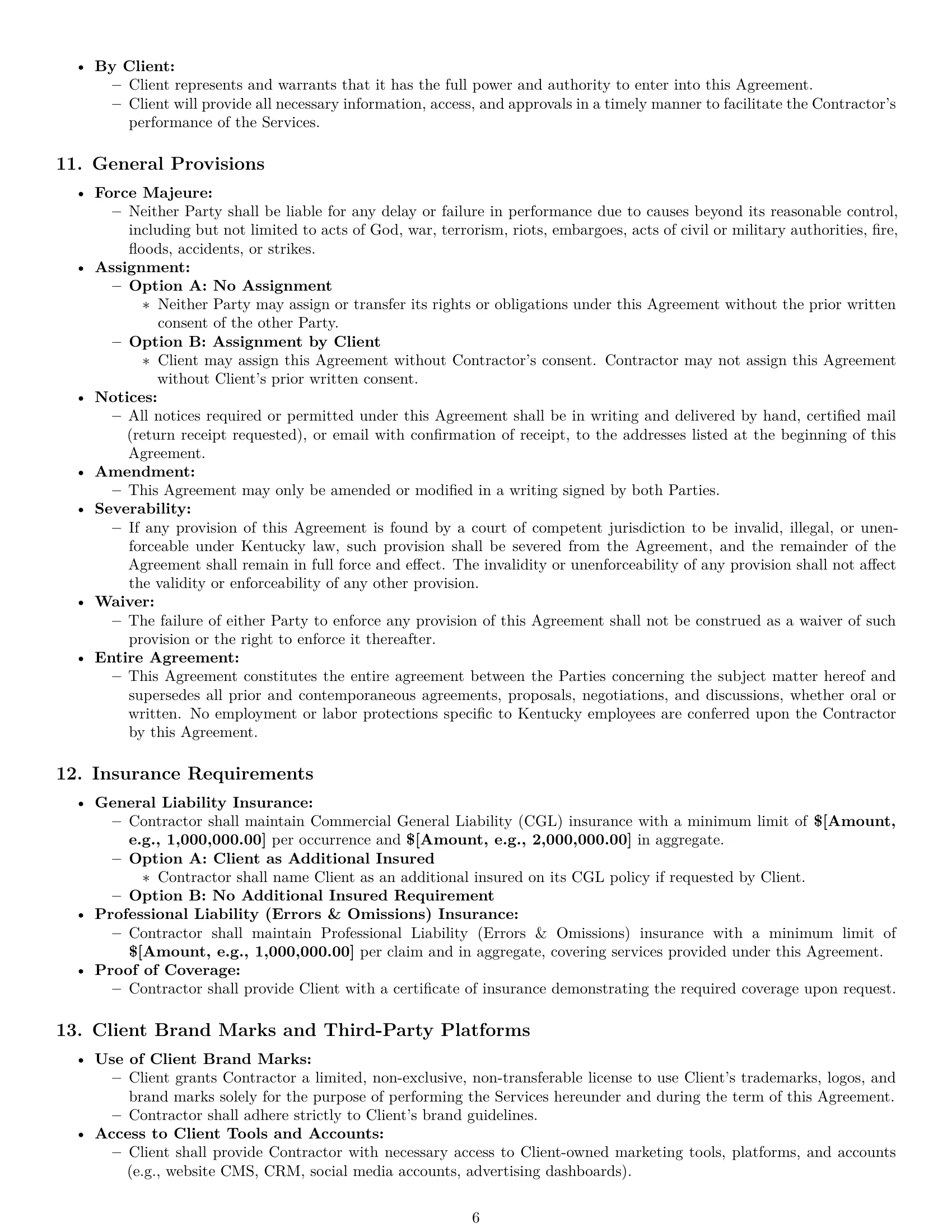 Preview page 6 of Pro Kentucky marketing independent contractor agreement template