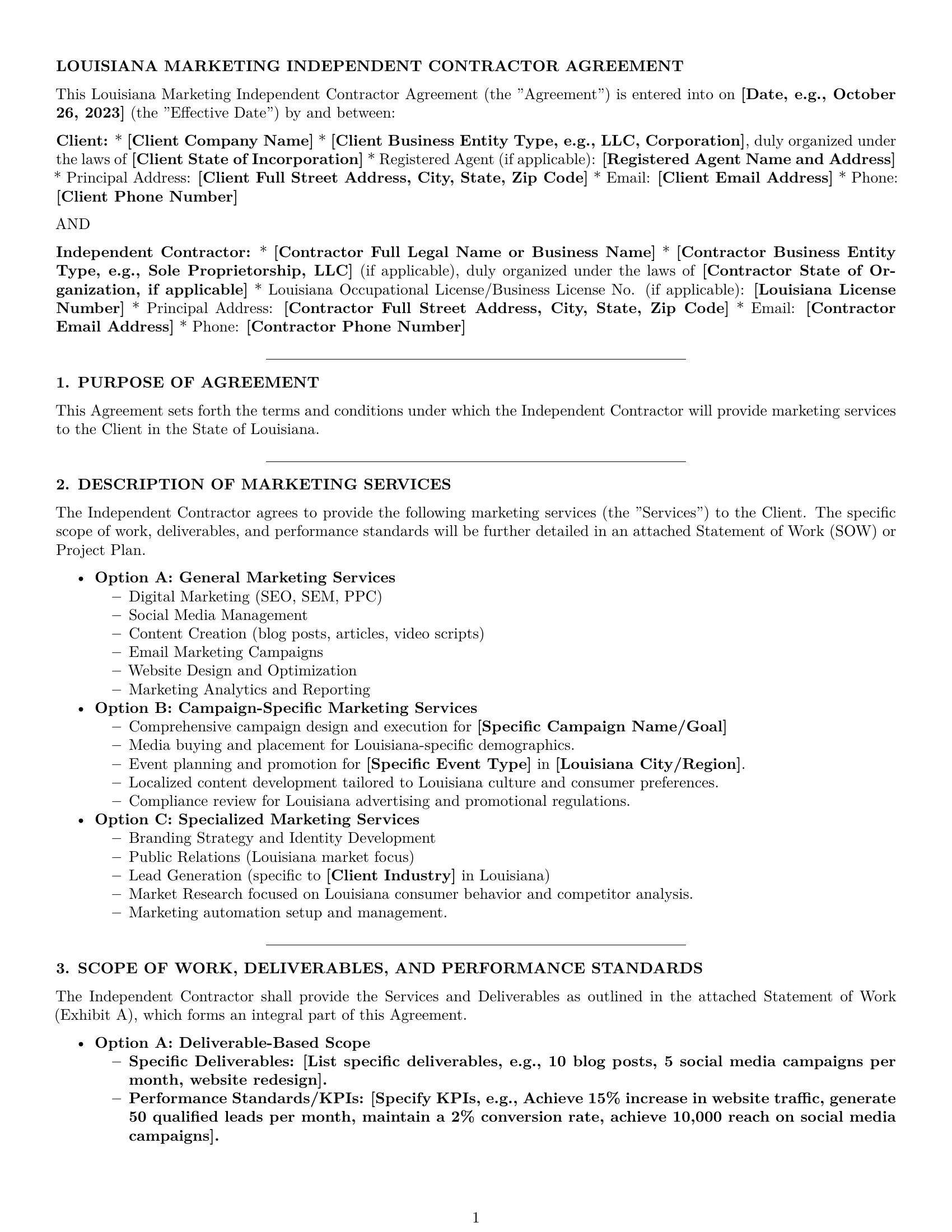 Preview page 1 of Pro Louisiana marketing independent contractor agreement template