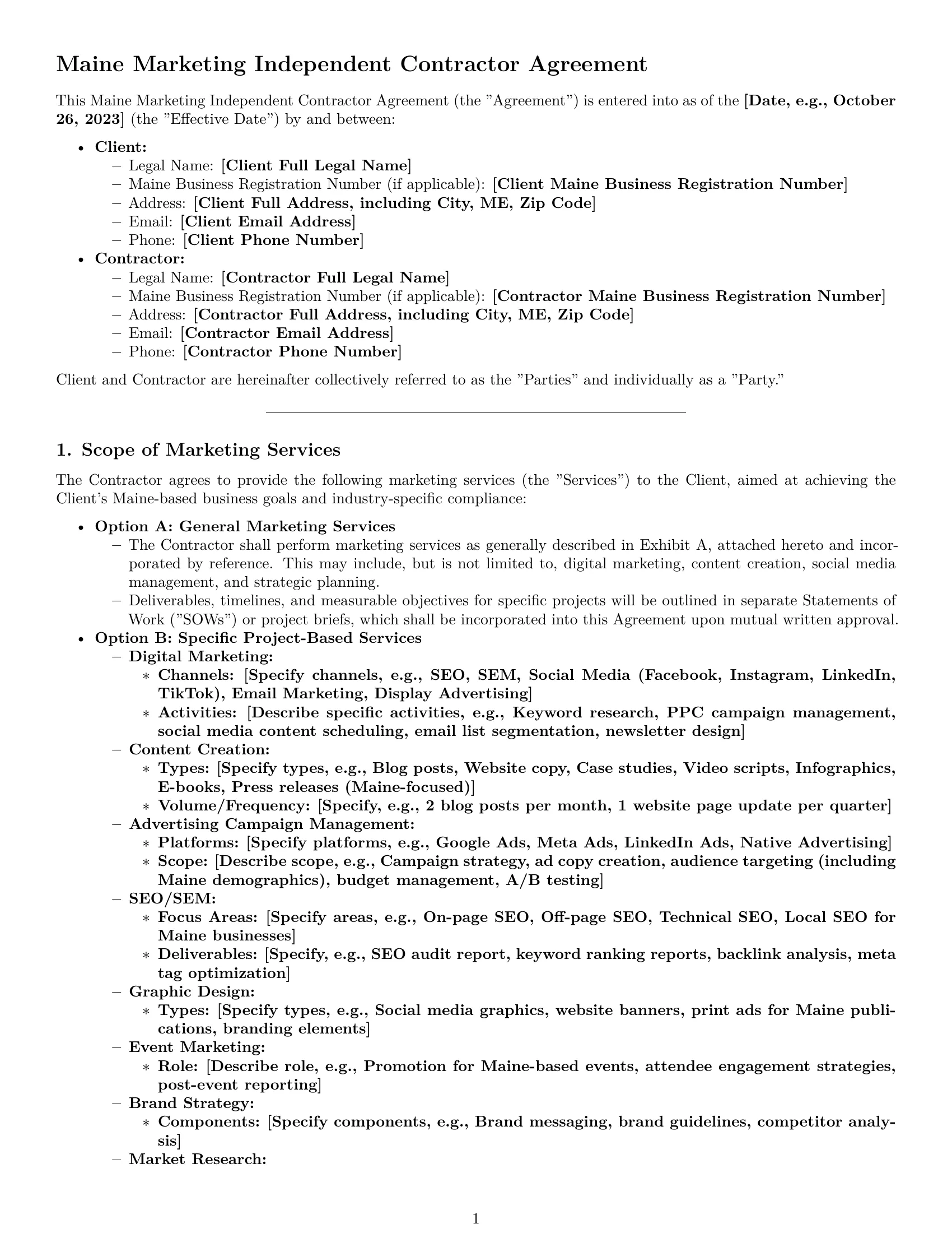 Preview page 1 of Pro Maine marketing independent contractor agreement template