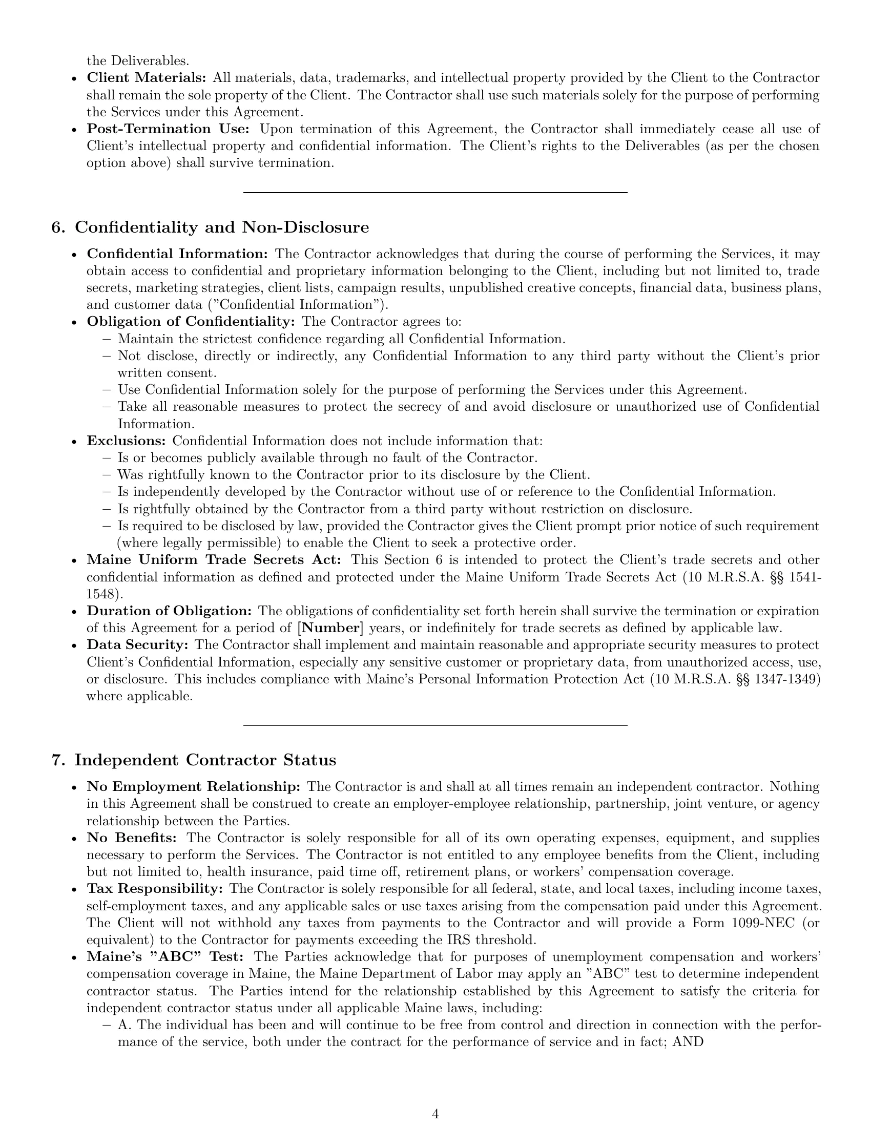 Preview page 4 of Pro Maine marketing independent contractor agreement template