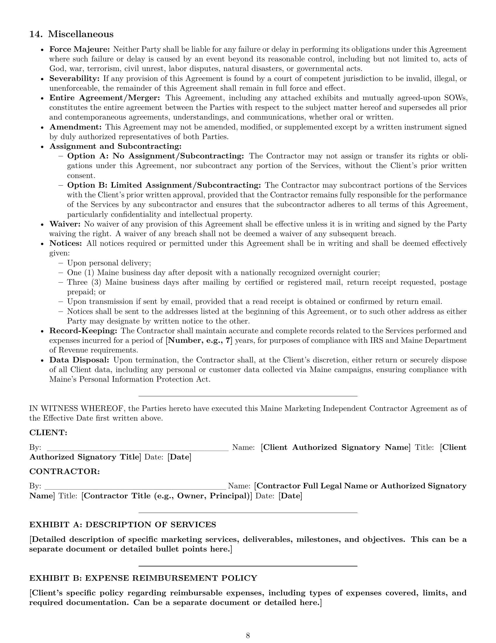 Preview page 8 of Pro Maine marketing independent contractor agreement template