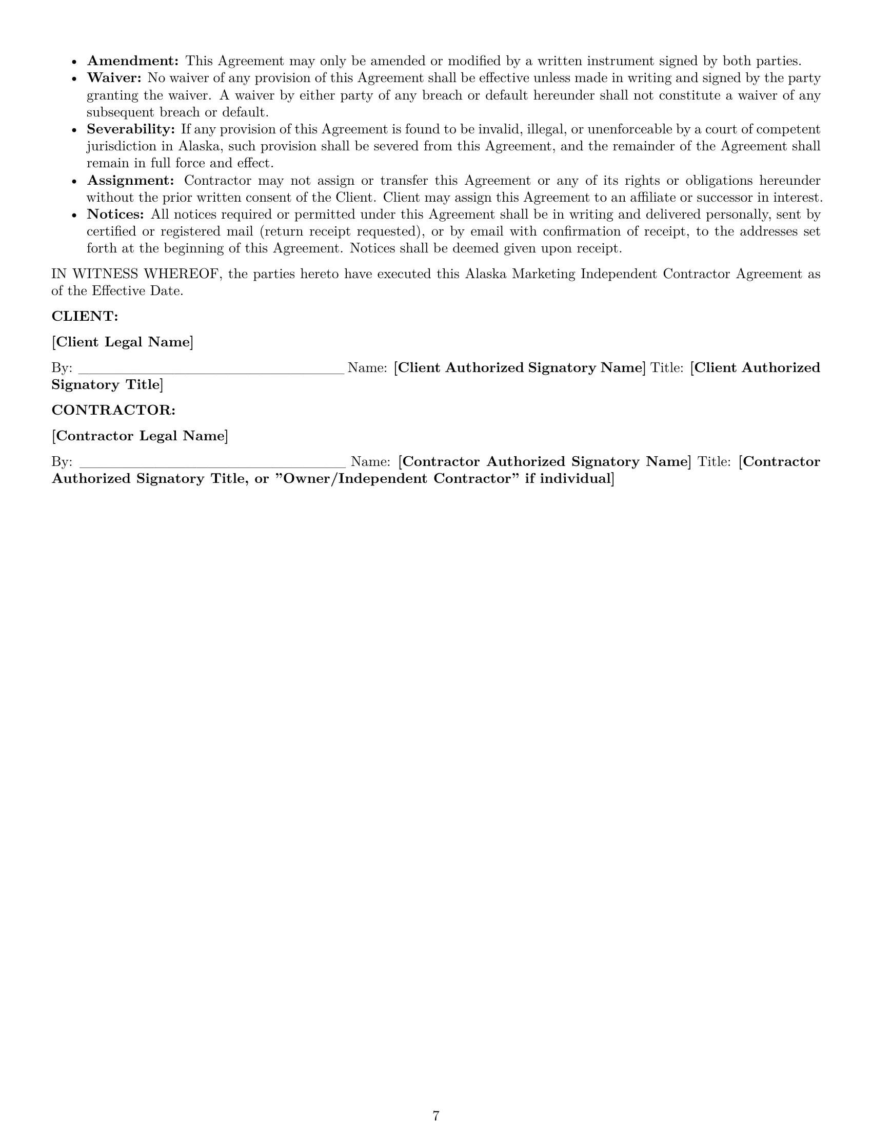 Preview page 7 of Pro Alaska marketing independent contractor agreement template