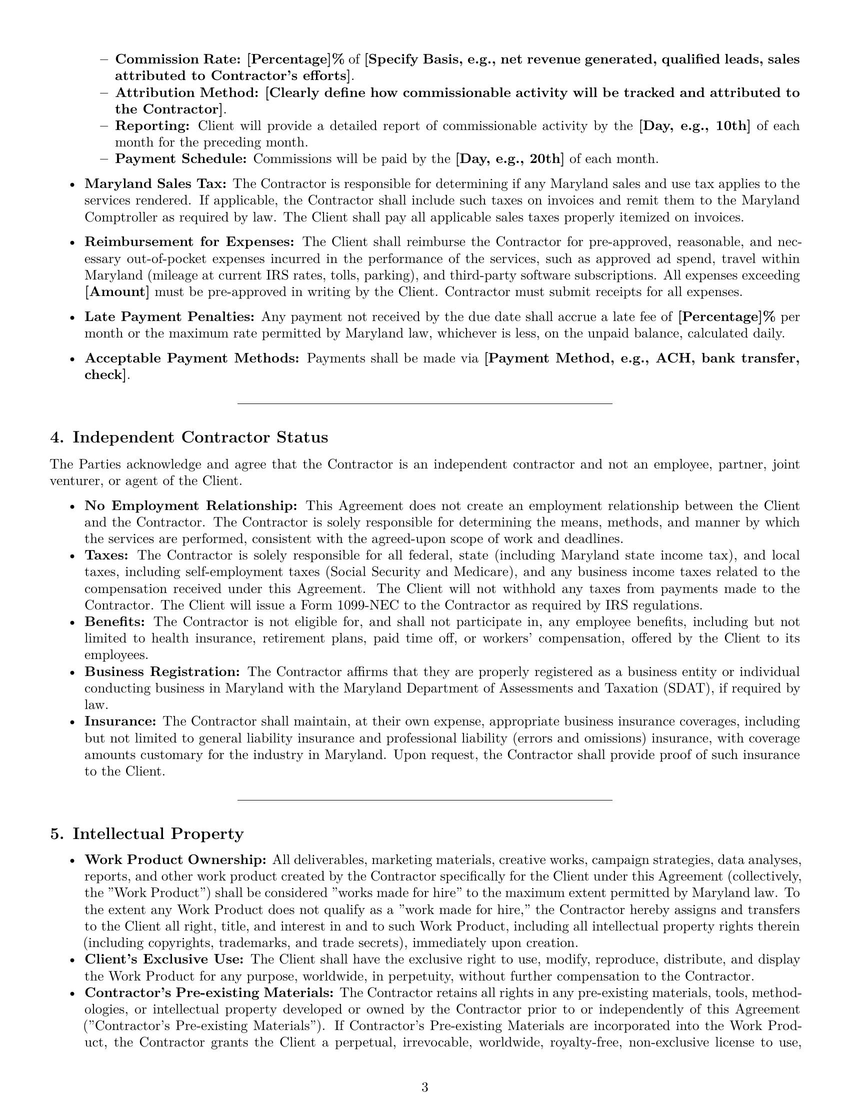 Preview page 3 of Pro Maryland marketing independent contractor agreement template