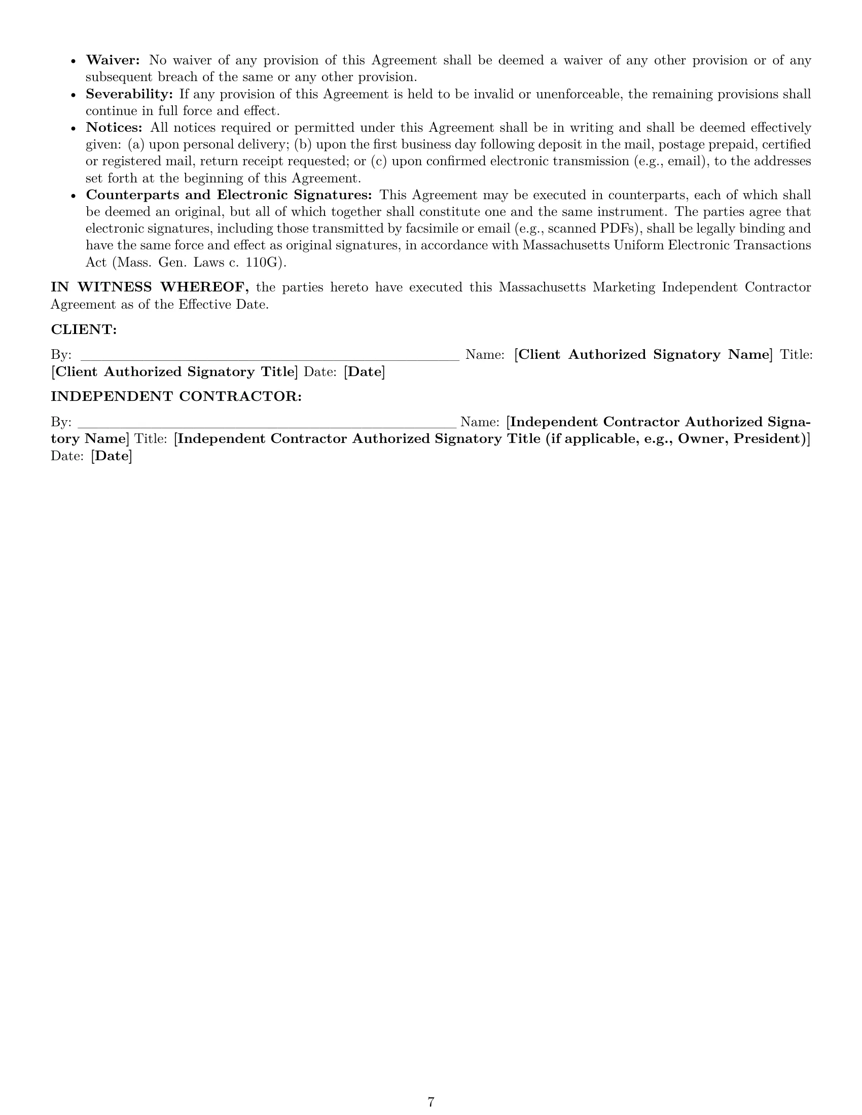 Preview page 7 of Pro Massachusetts marketing independent contractor agreement template
