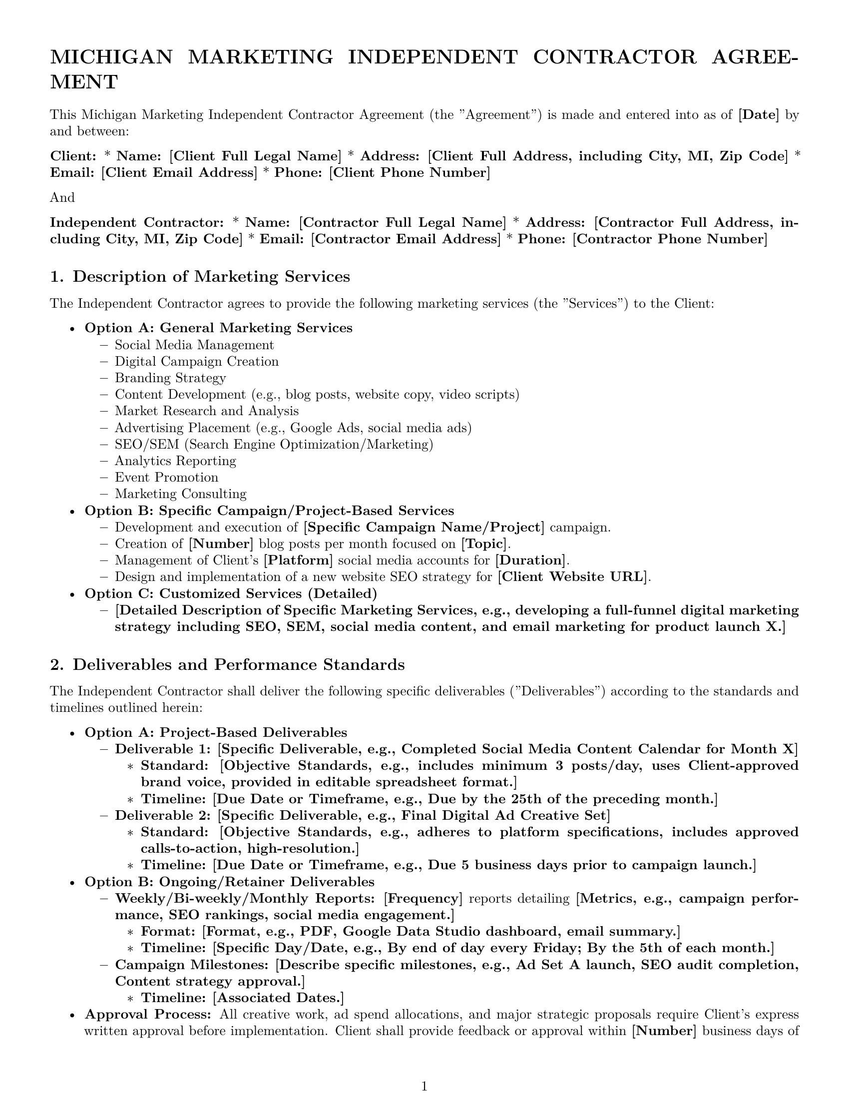 Preview page 1 of Pro Michigan marketing independent contractor agreement template