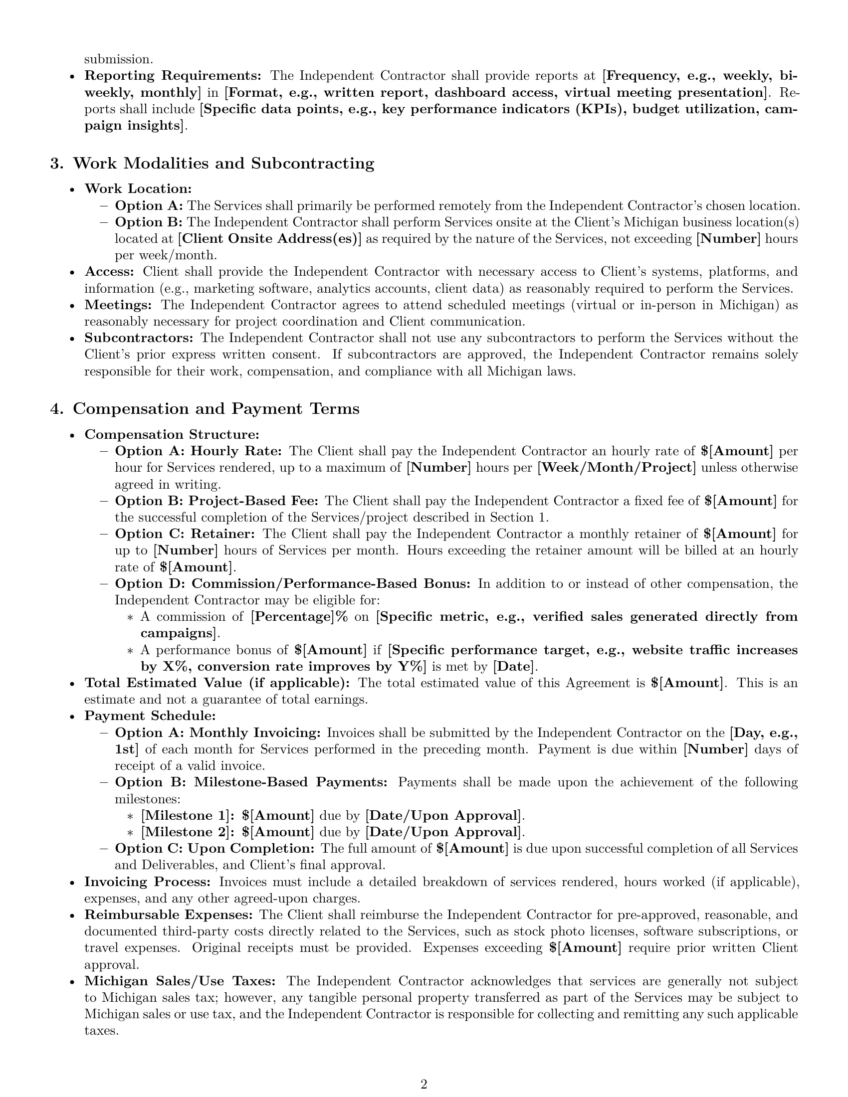 Preview page 2 of Pro Michigan marketing independent contractor agreement template