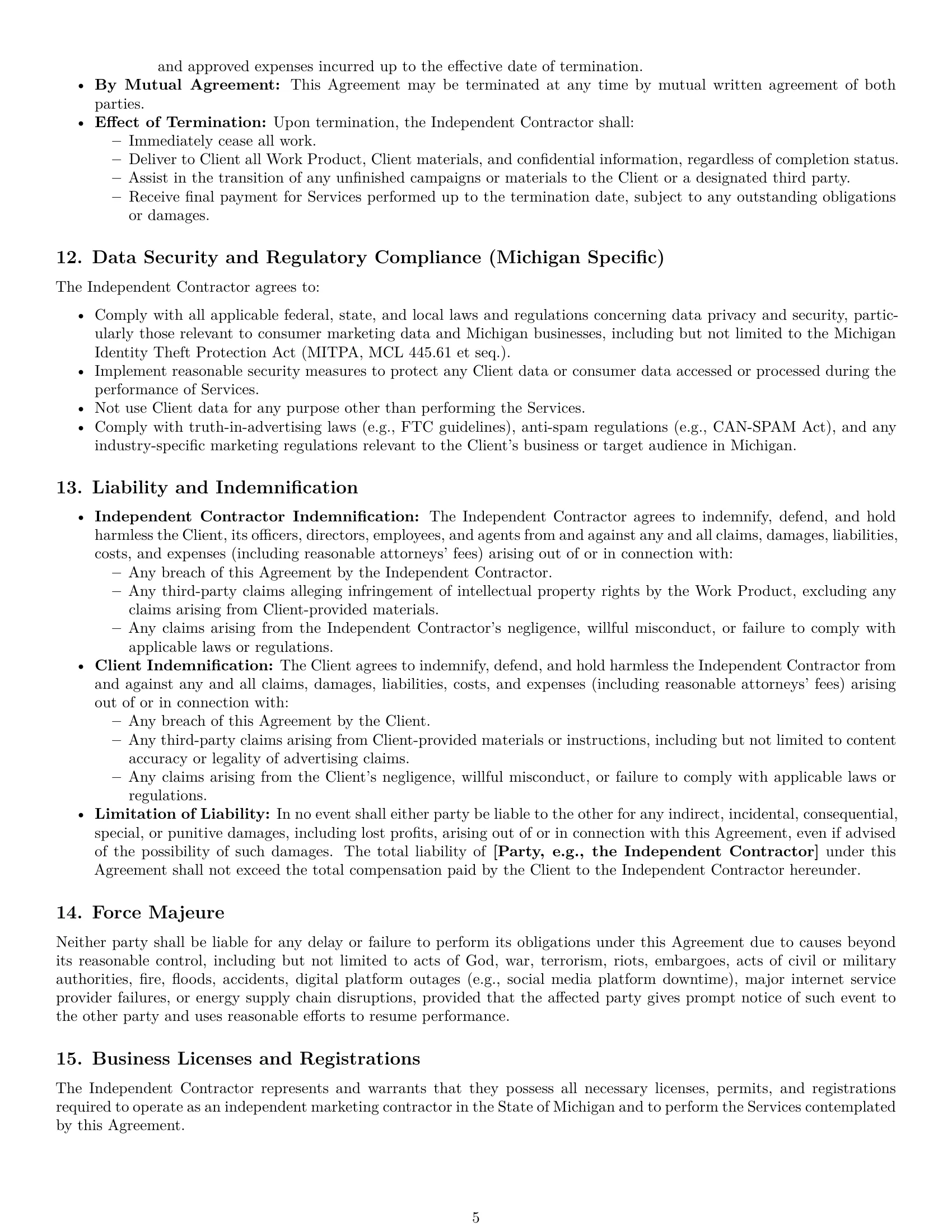 Preview page 5 of Pro Michigan marketing independent contractor agreement template