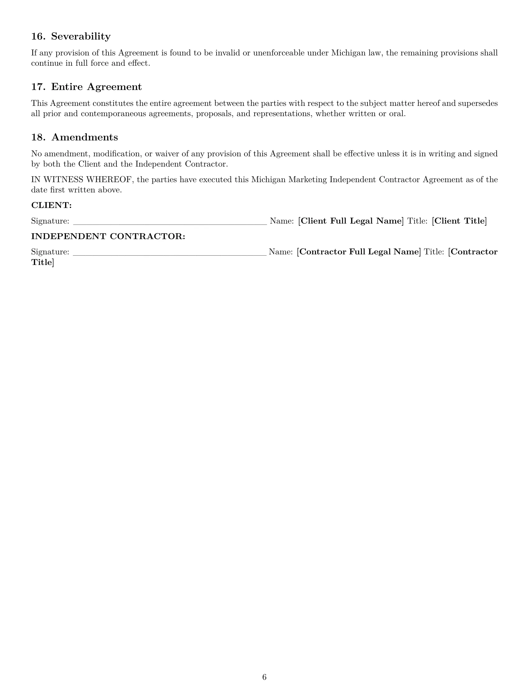 Preview page 6 of Pro Michigan marketing independent contractor agreement template