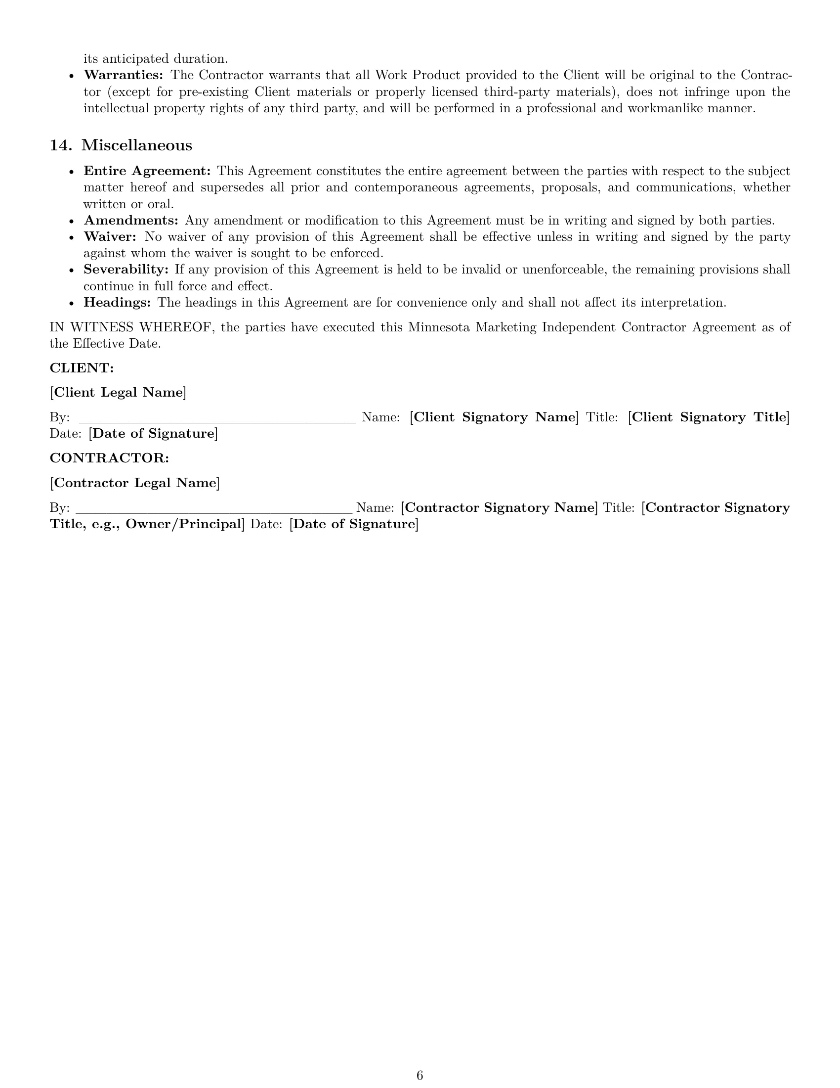 Preview page 6 of Pro Minnesota marketing independent contractor agreement template