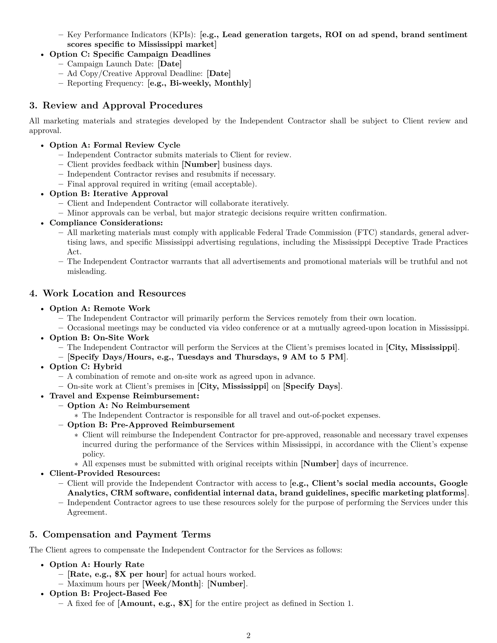 Preview page 2 of Pro Mississippi marketing independent contractor agreement template