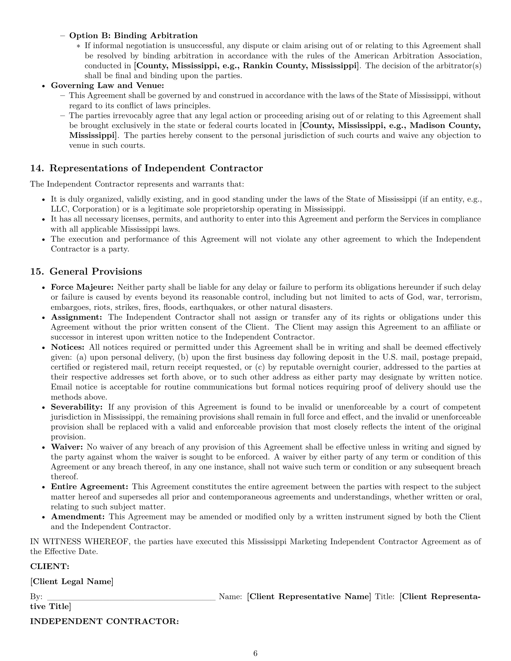 Preview page 6 of Pro Mississippi marketing independent contractor agreement template