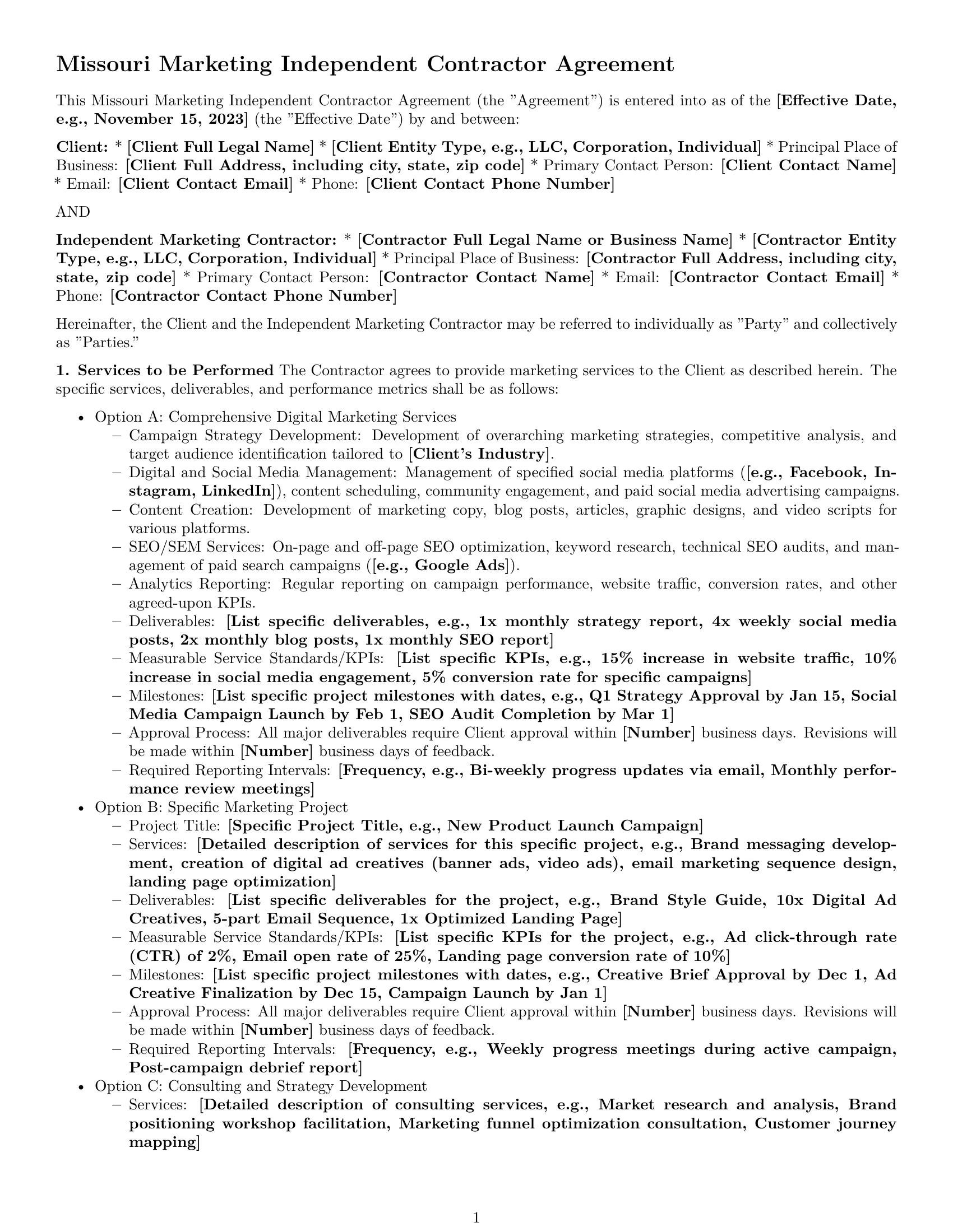 Preview page 1 of Pro Missouri marketing independent contractor agreement template