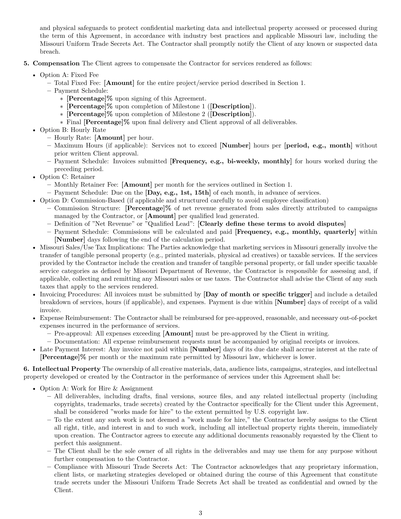 Preview page 3 of Pro Missouri marketing independent contractor agreement template