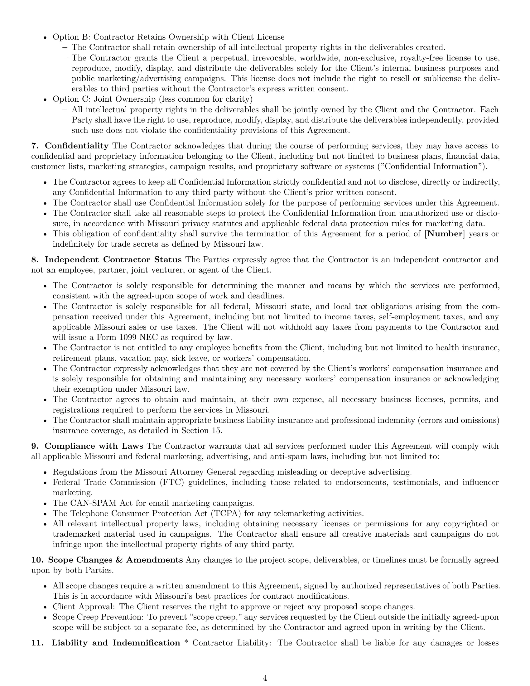 Preview page 4 of Pro Missouri marketing independent contractor agreement template