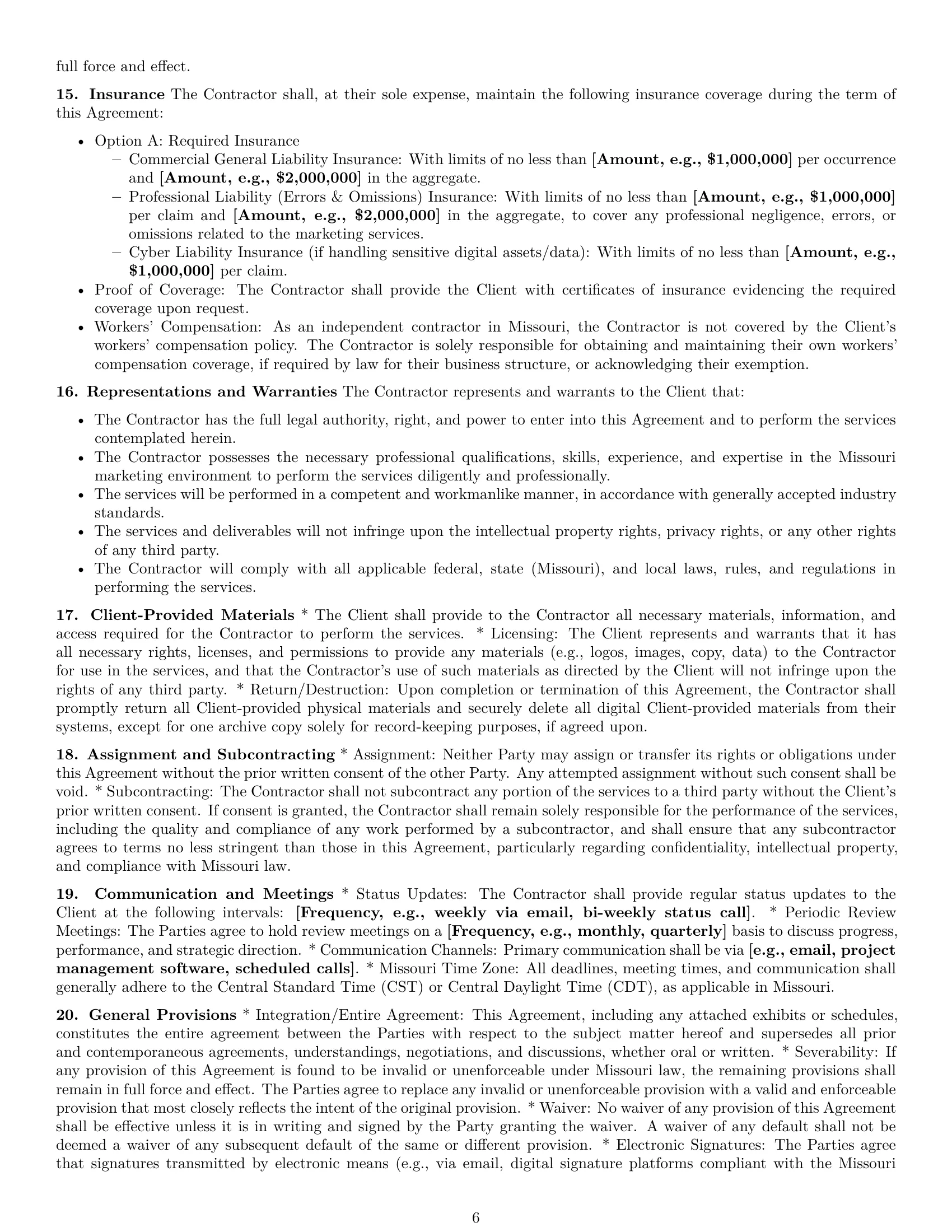 Preview page 6 of Pro Missouri marketing independent contractor agreement template