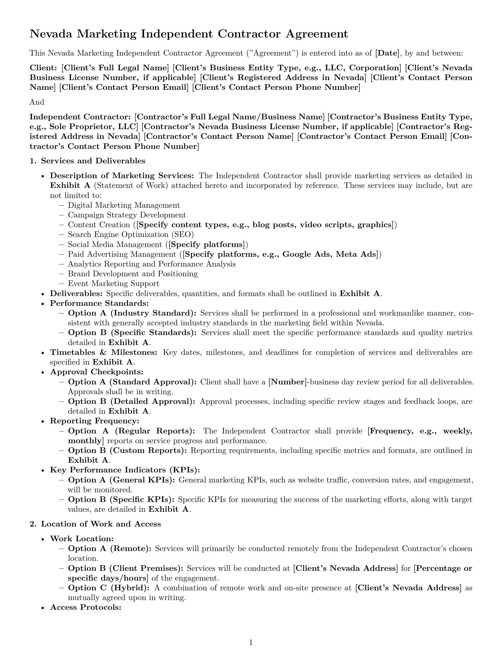 Preview page 1 of Pro Nevada marketing independent contractor agreement template