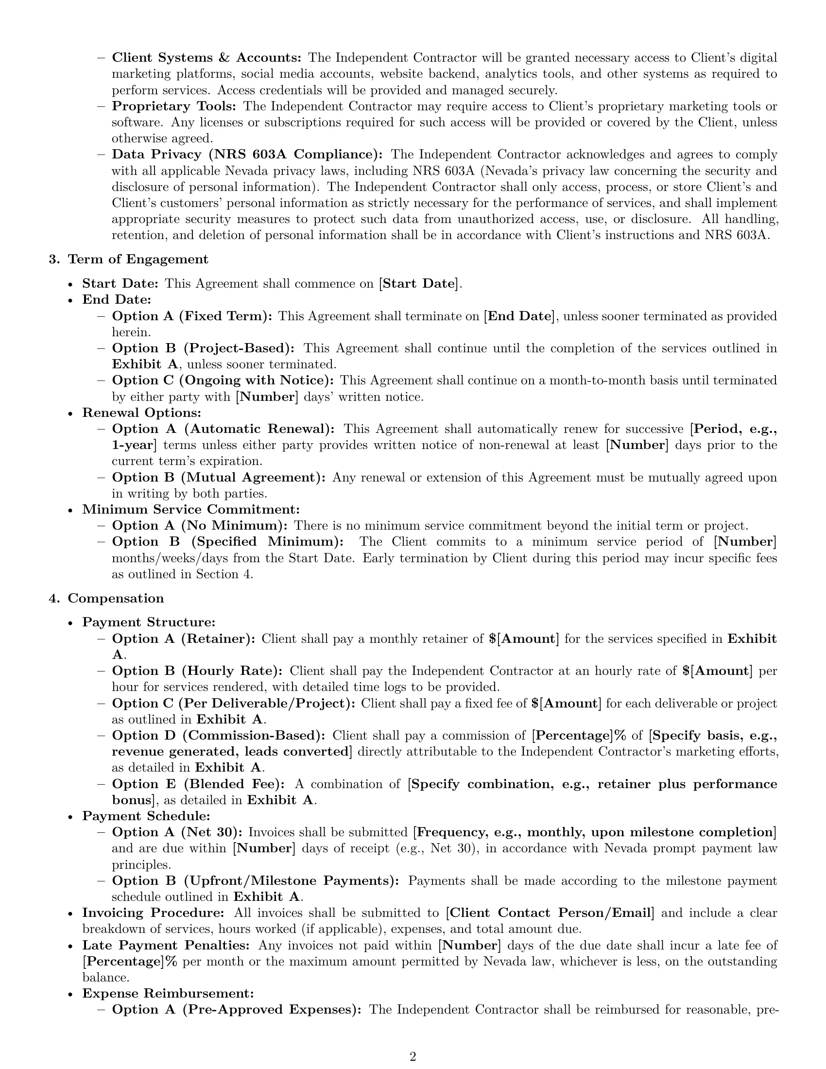 Preview page 2 of Pro Nevada marketing independent contractor agreement template
