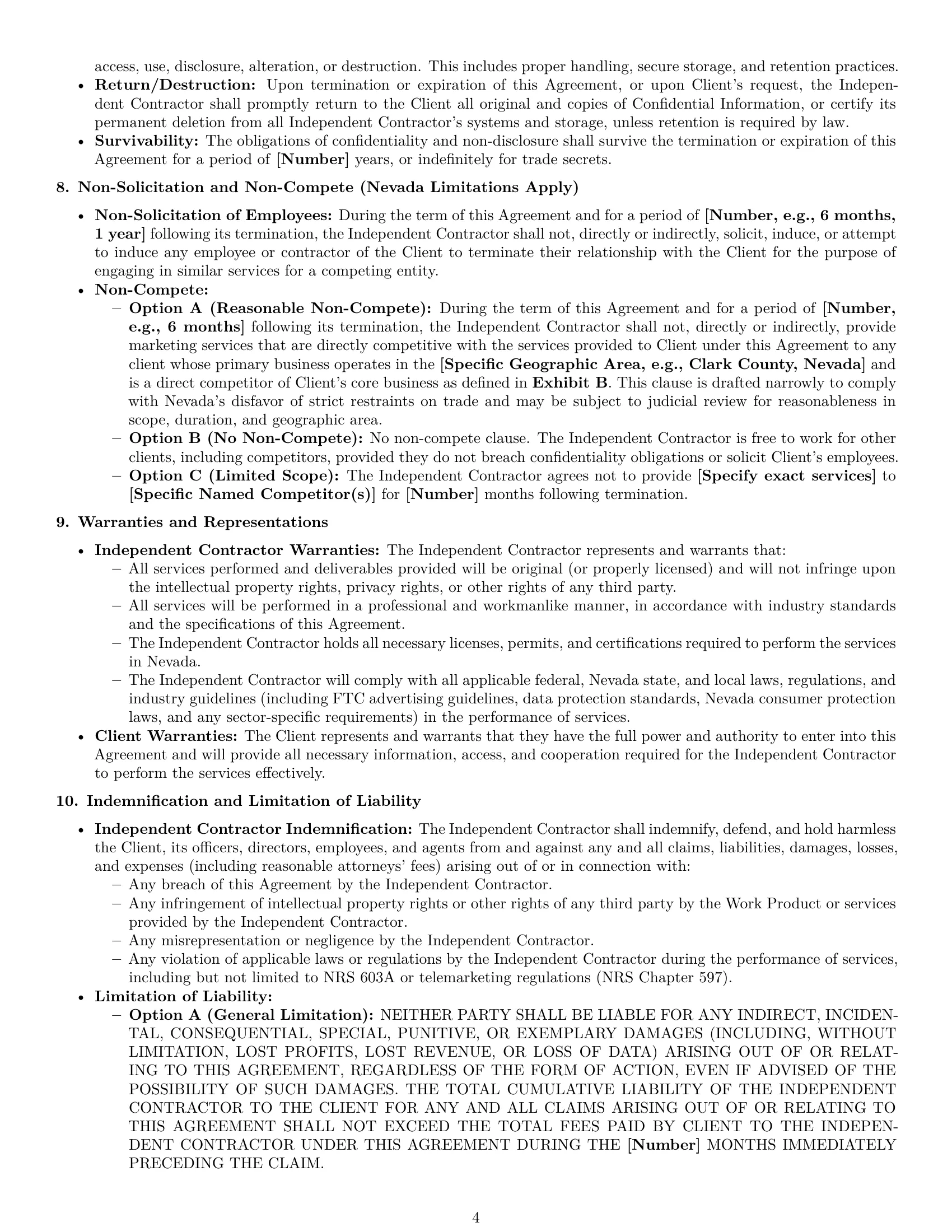 Preview page 4 of Pro Nevada marketing independent contractor agreement template