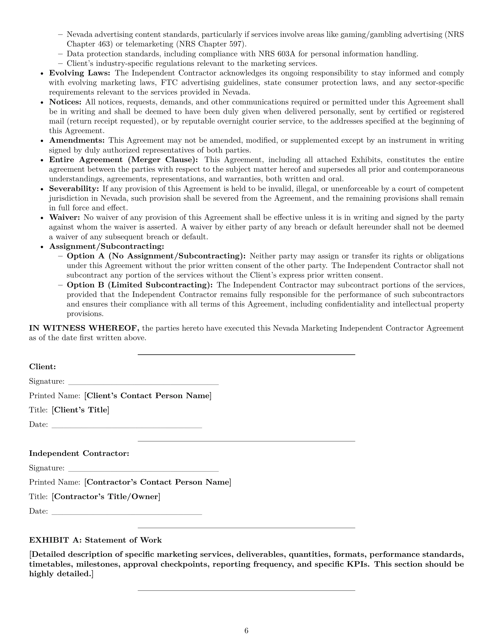 Preview page 6 of Pro Nevada marketing independent contractor agreement template