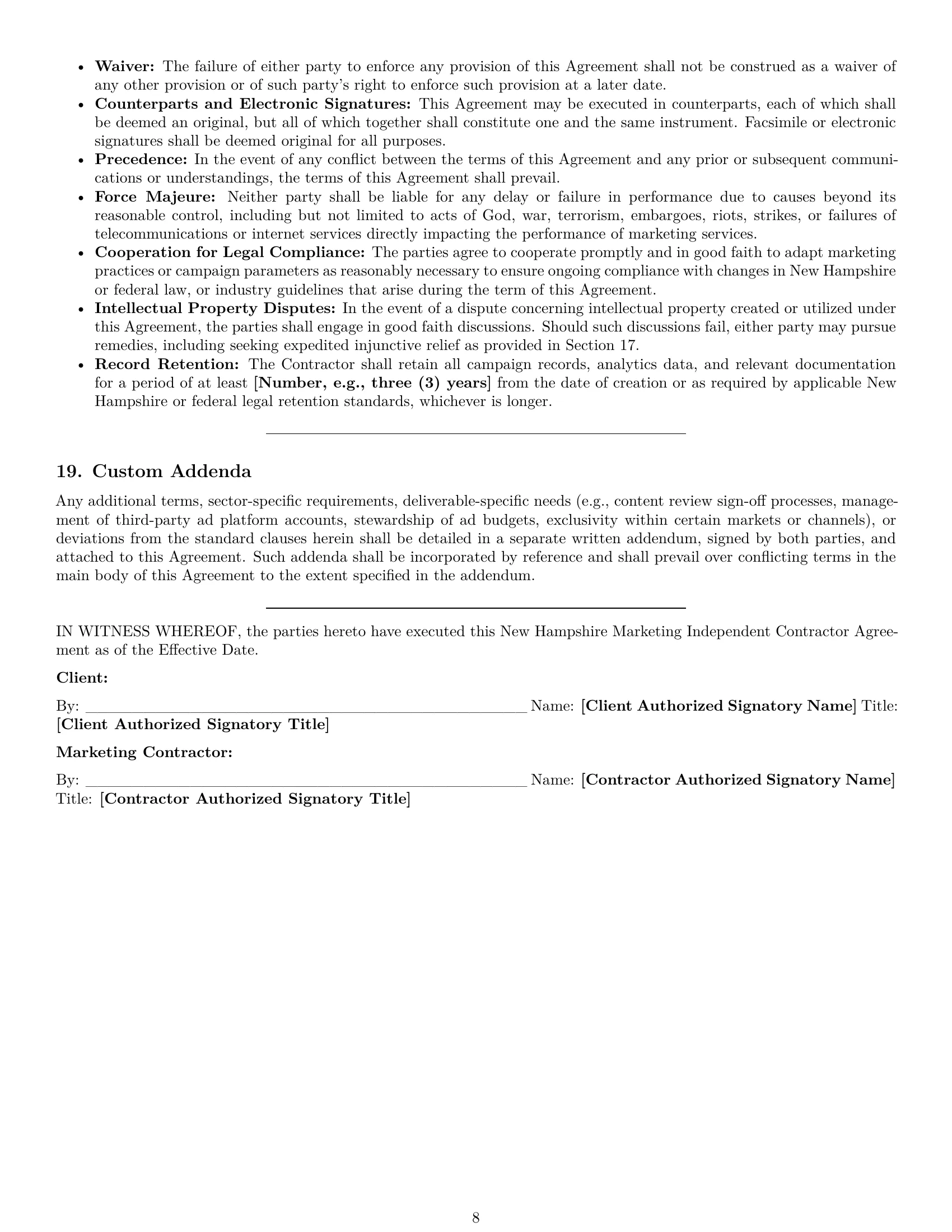 Preview page 8 of Pro New Hampshire marketing independent contractor agreement template