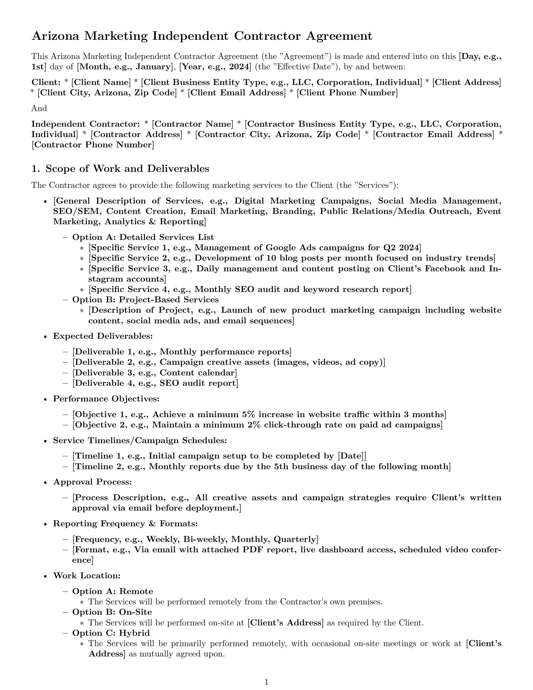 Preview page 1 of Pro Arizona marketing independent contractor agreement template