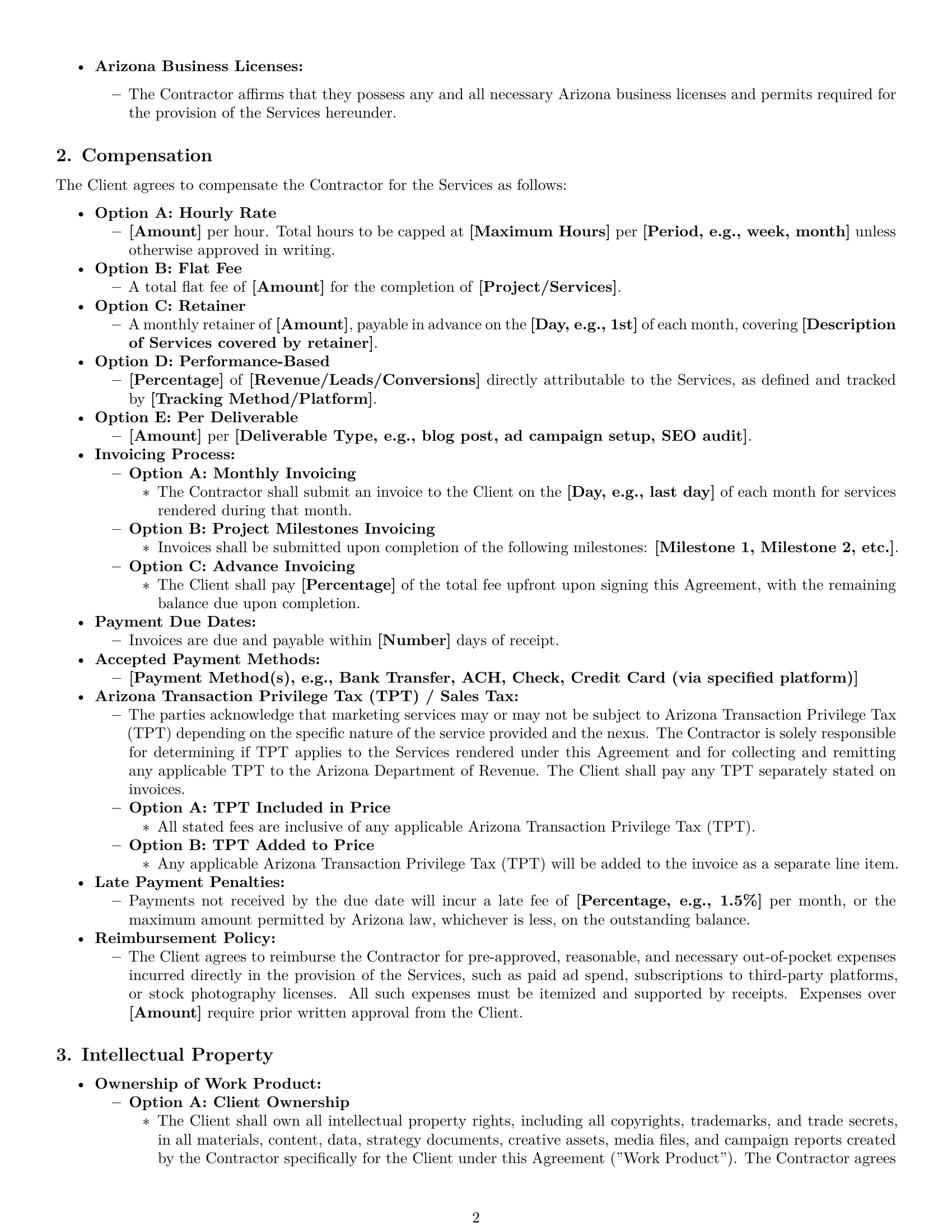 Preview page 2 of Pro Arizona marketing independent contractor agreement template