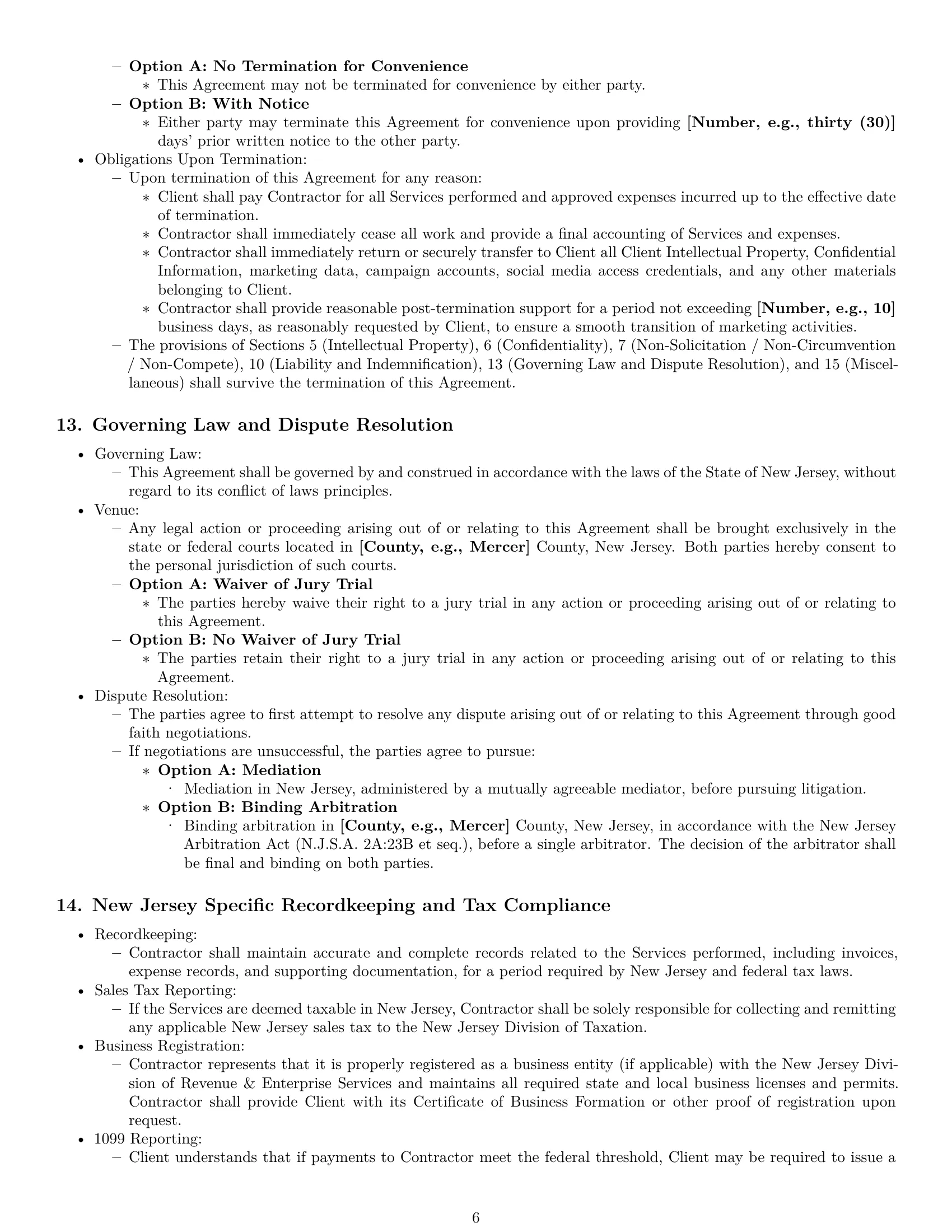 Preview page 6 of Pro New Jersey marketing independent contractor agreement template