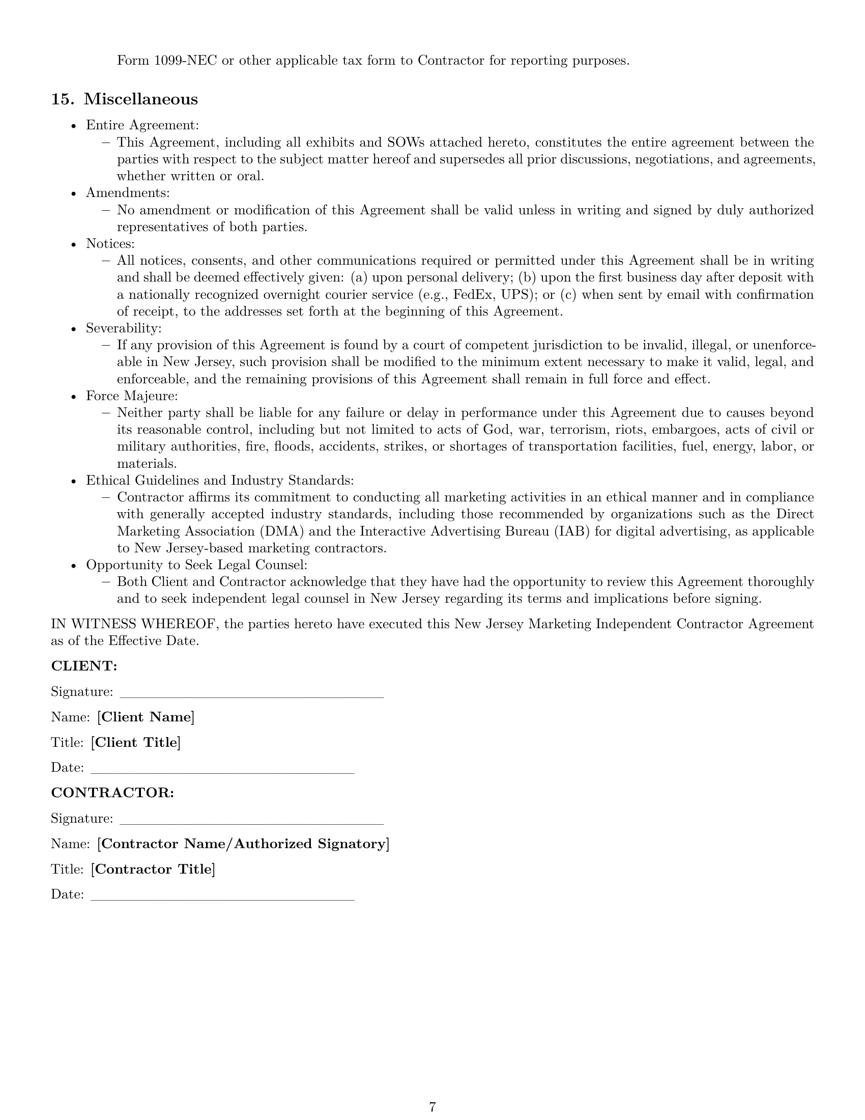 Preview page 7 of Pro New Jersey marketing independent contractor agreement template