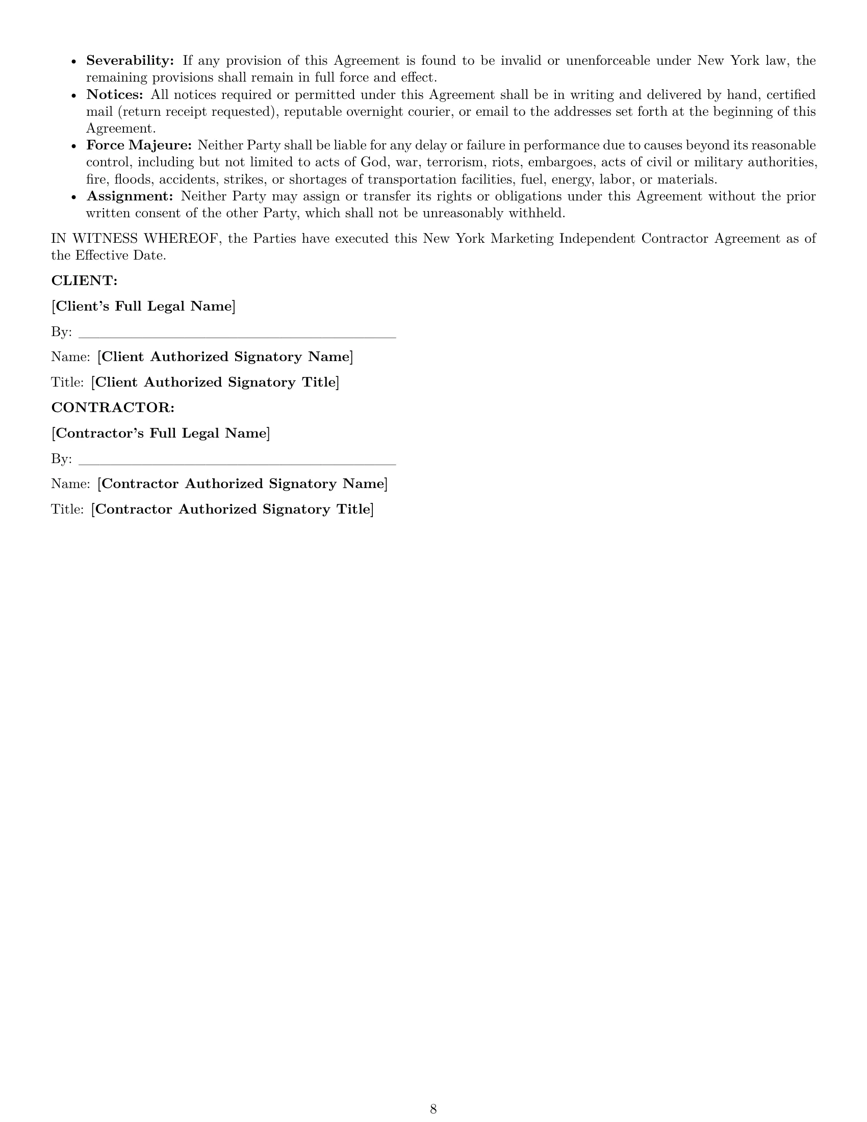 Preview page 8 of Pro New York marketing independent contractor agreement template