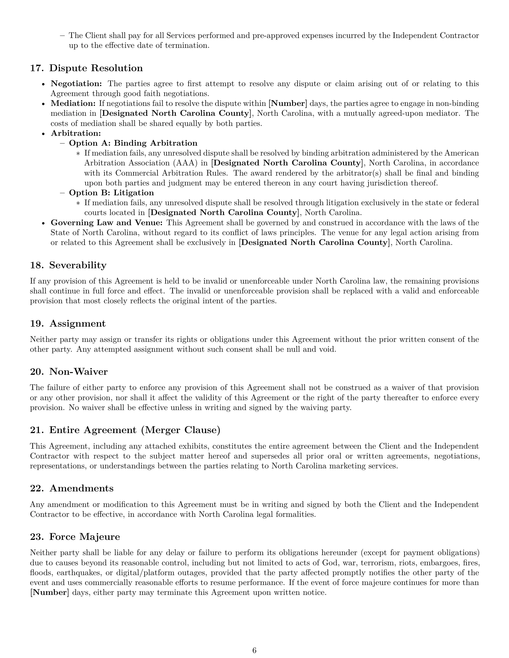 Preview page 6 of Pro North Carolina marketing independent contractor agreement template