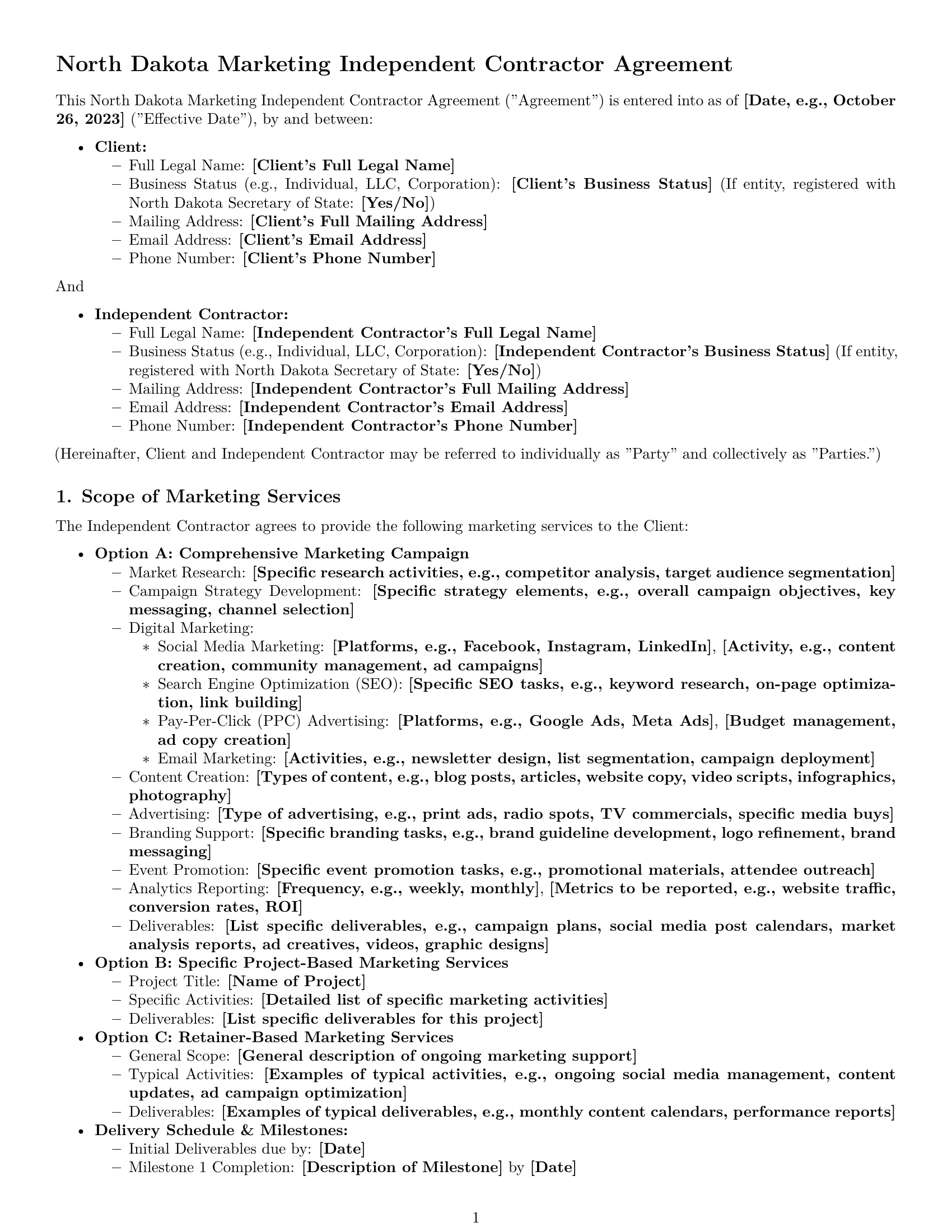 Preview page 1 of Pro North Dakota marketing independent contractor agreement template