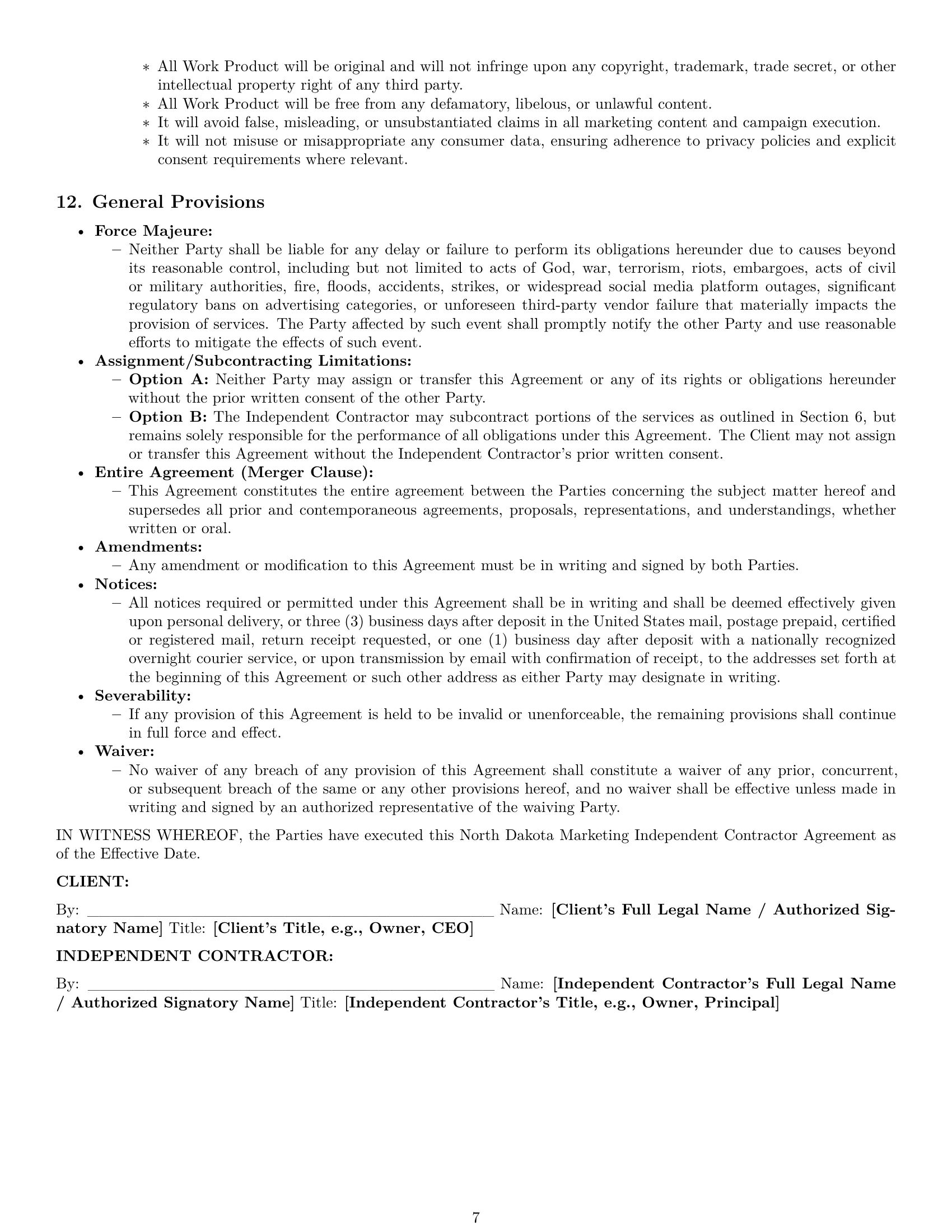 Preview page 7 of Pro North Dakota marketing independent contractor agreement template