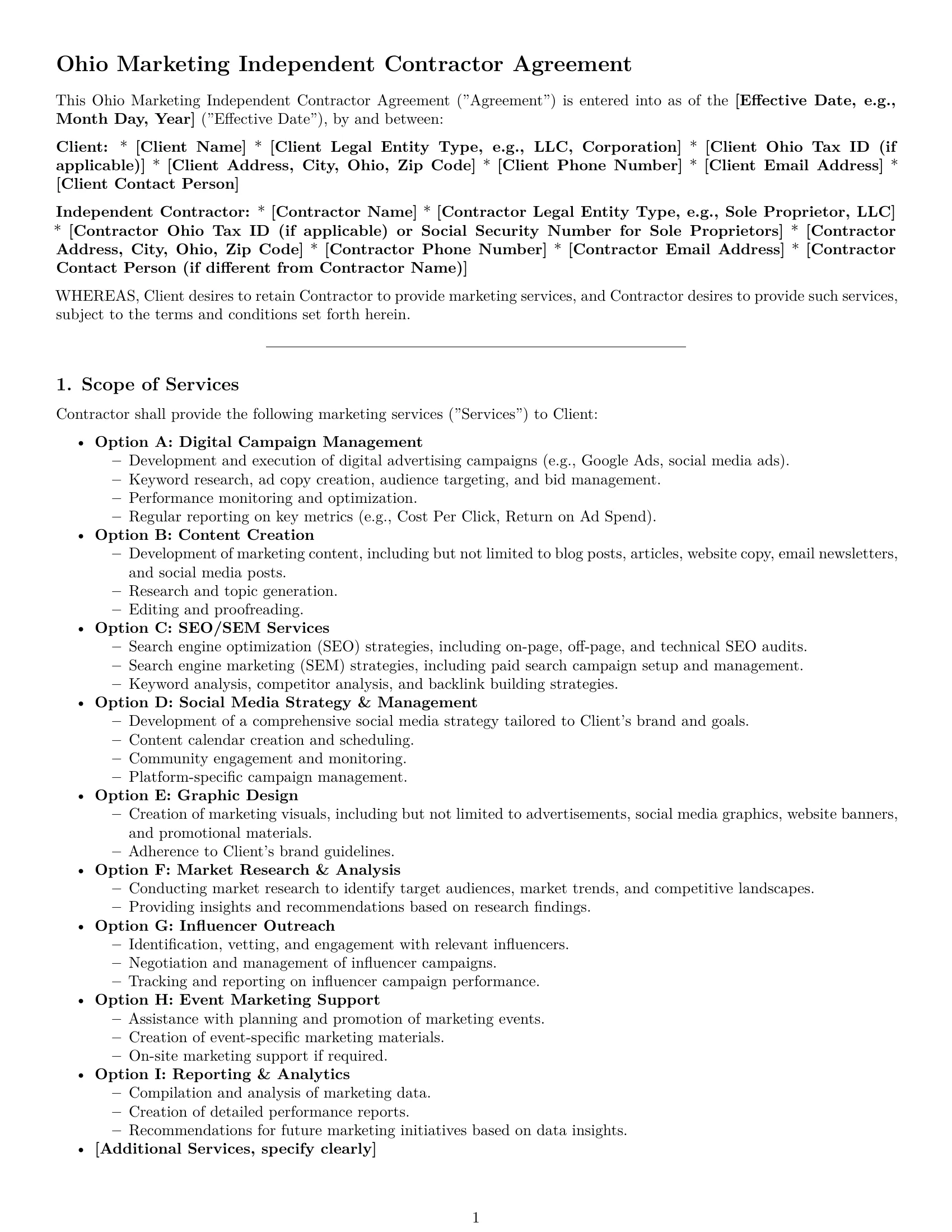 Preview page 1 of Pro Ohio marketing independent contractor agreement template