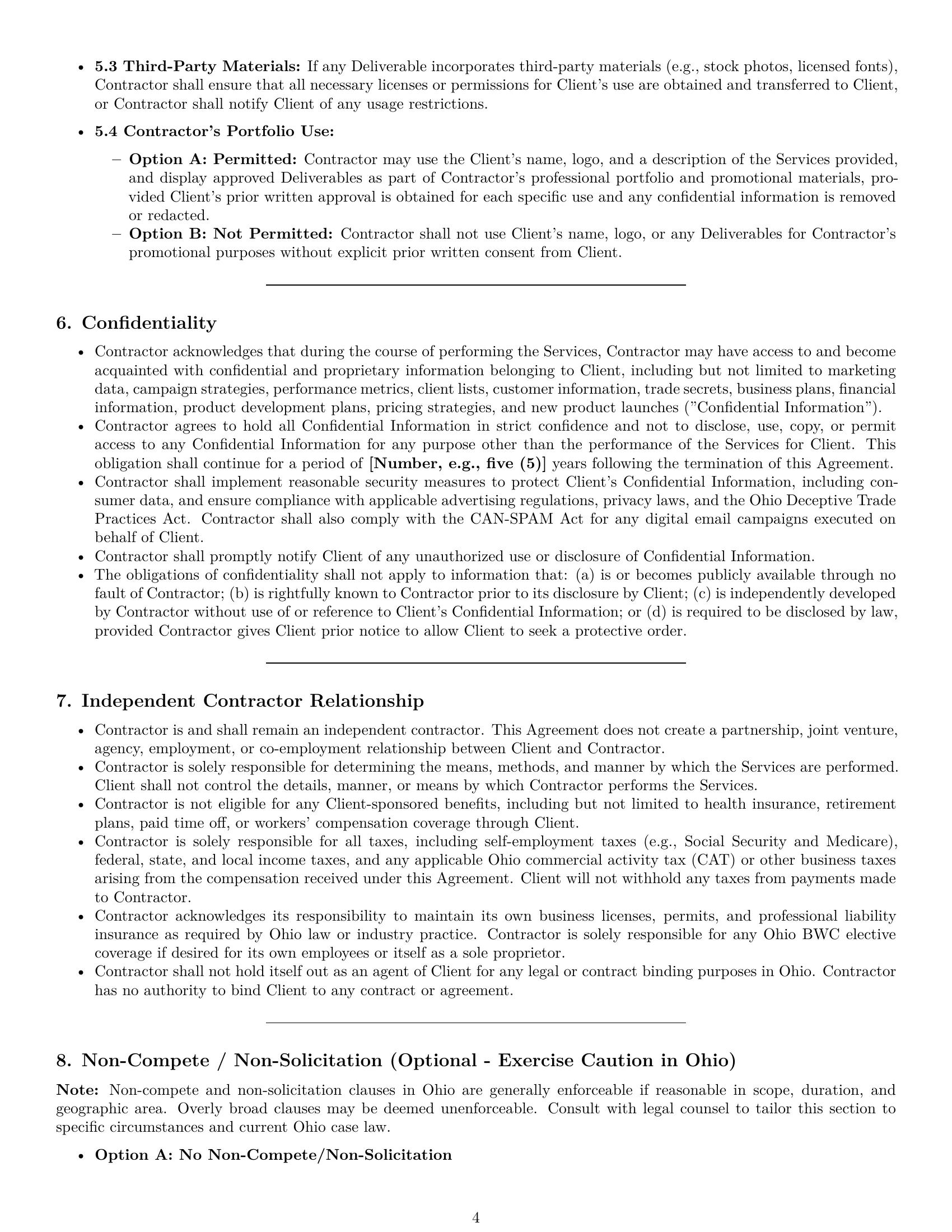 Preview page 4 of Pro Ohio marketing independent contractor agreement template