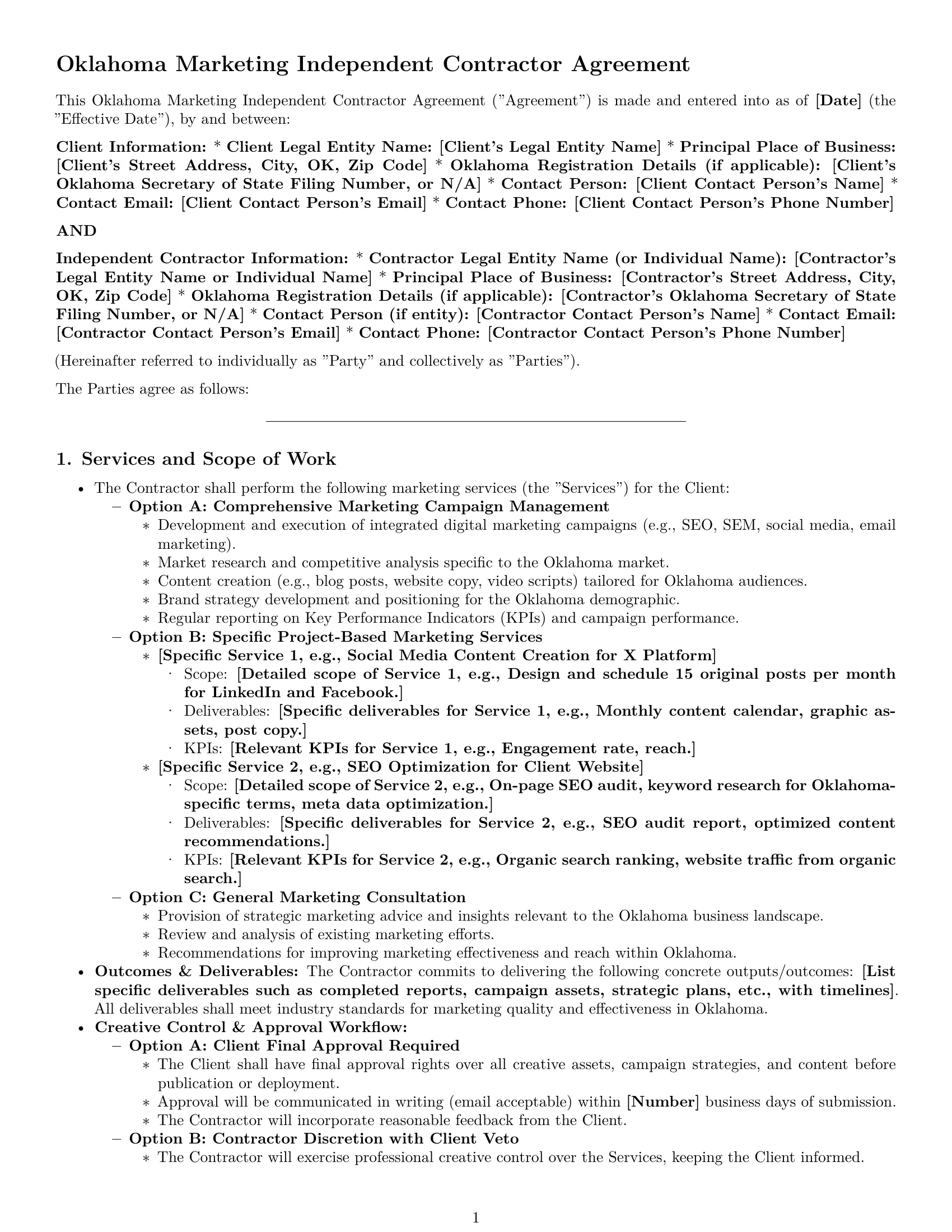 Preview page 1 of Pro Oklahoma marketing independent contractor agreement template
