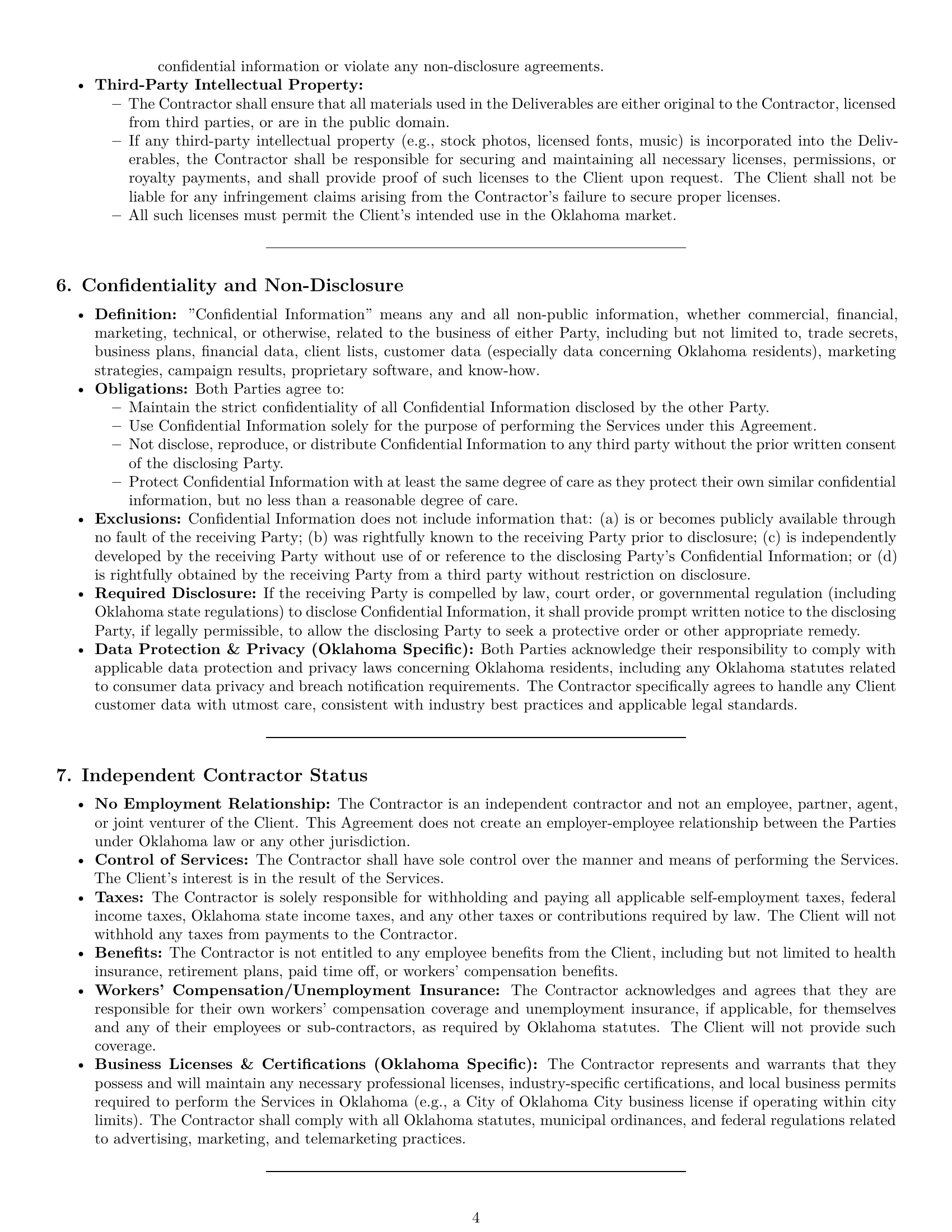Preview page 4 of Pro Oklahoma marketing independent contractor agreement template