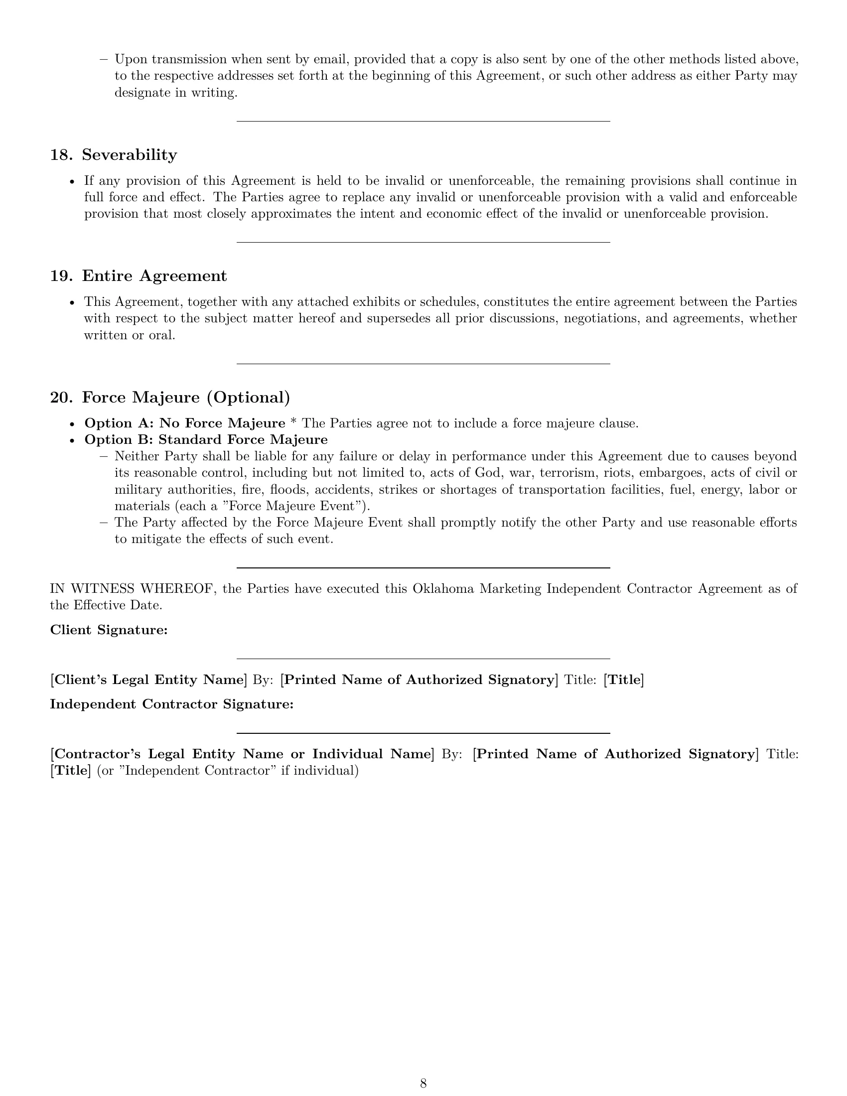 Preview page 8 of Pro Oklahoma marketing independent contractor agreement template