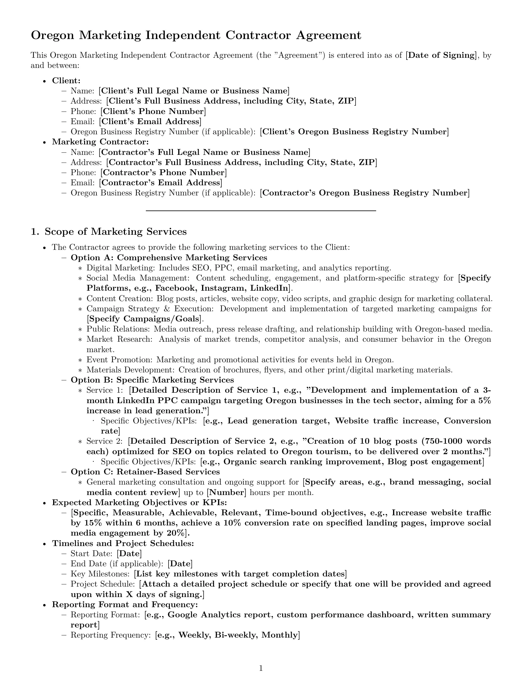 Preview page 1 of Pro Oregon marketing independent contractor agreement template