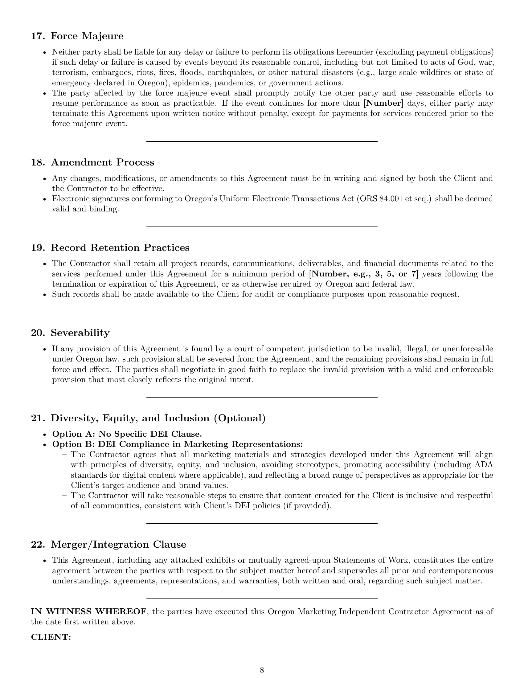 Preview page 8 of Pro Oregon marketing independent contractor agreement template