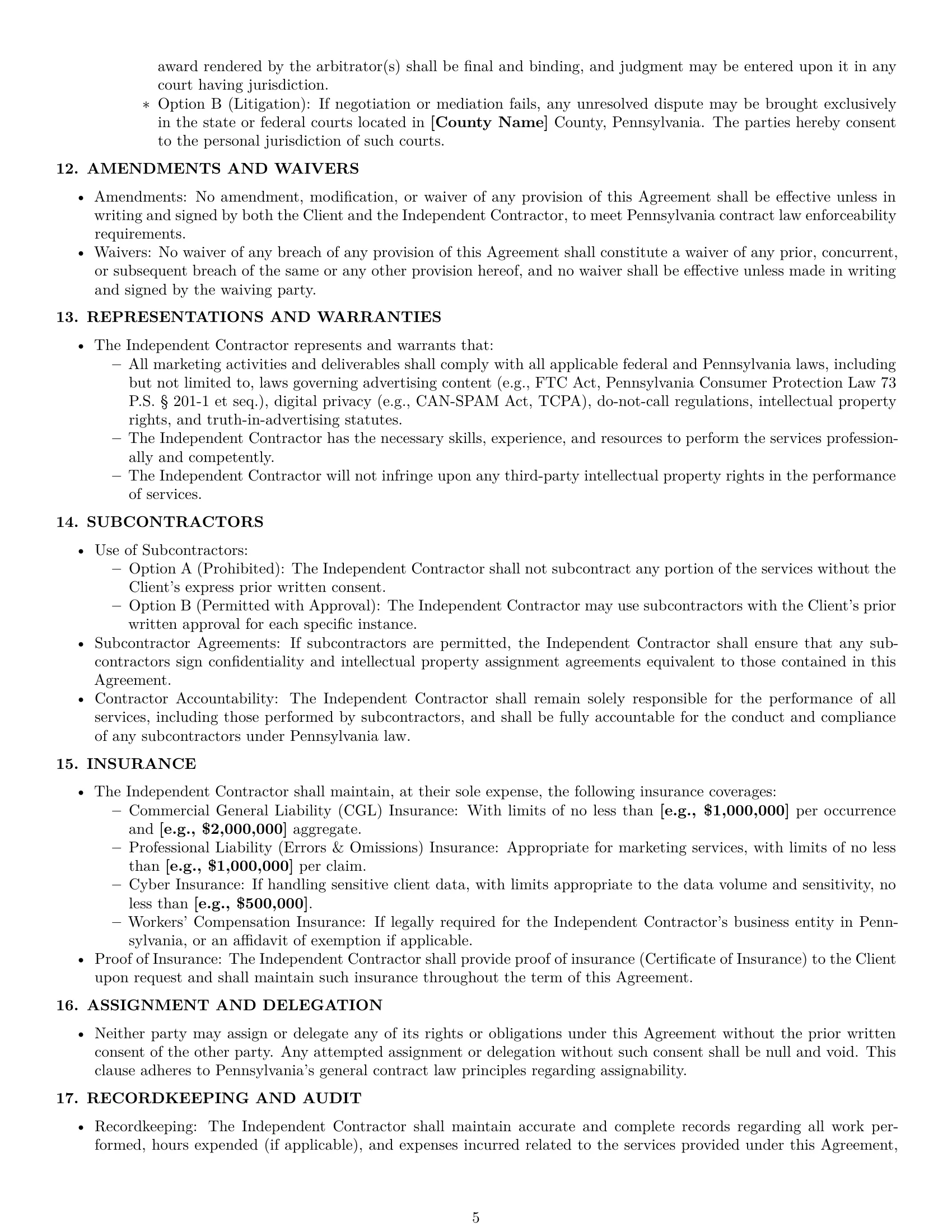 Preview page 5 of Pro Pennsylvania marketing independent contractor agreement template