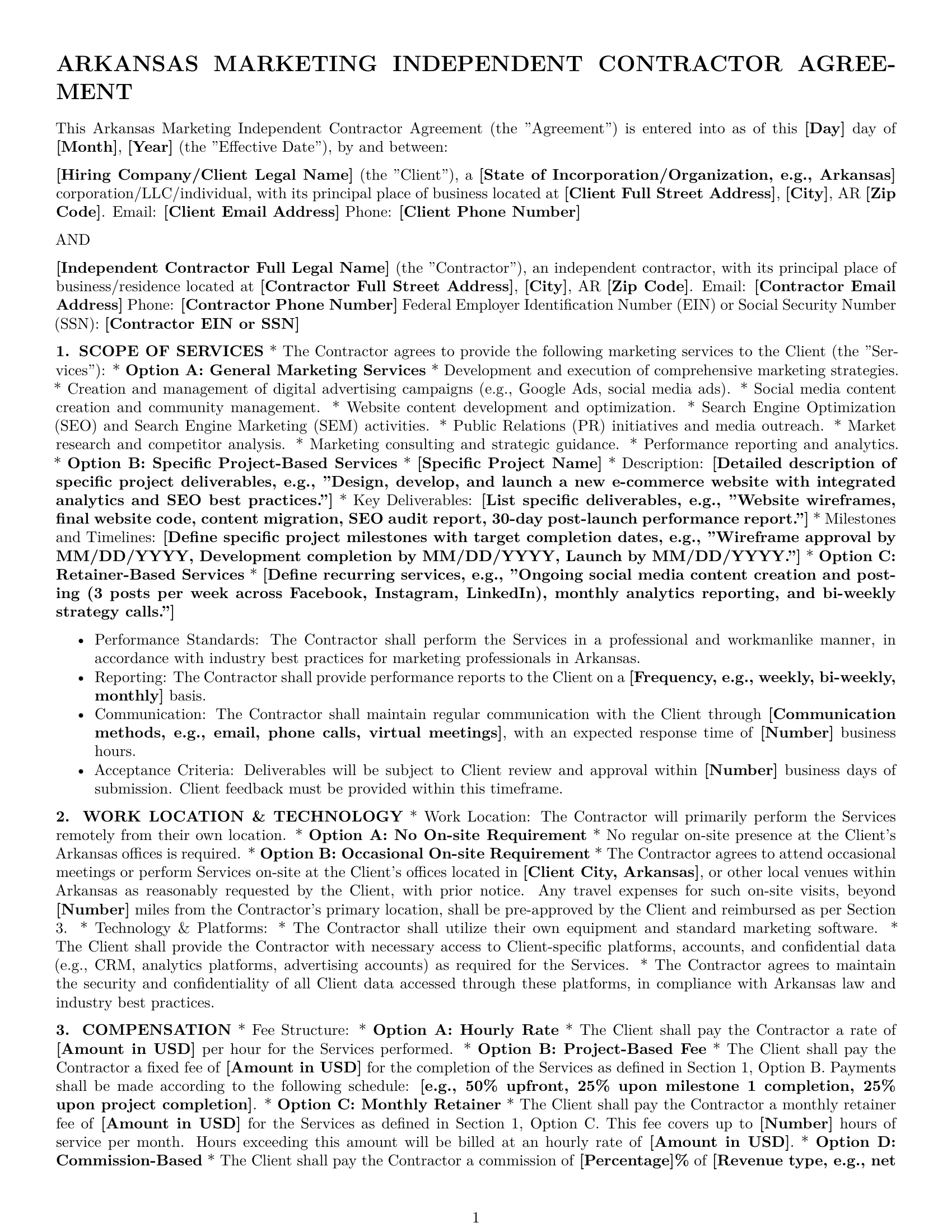 Preview page 1 of Pro Arkansas marketing independent contractor agreement template