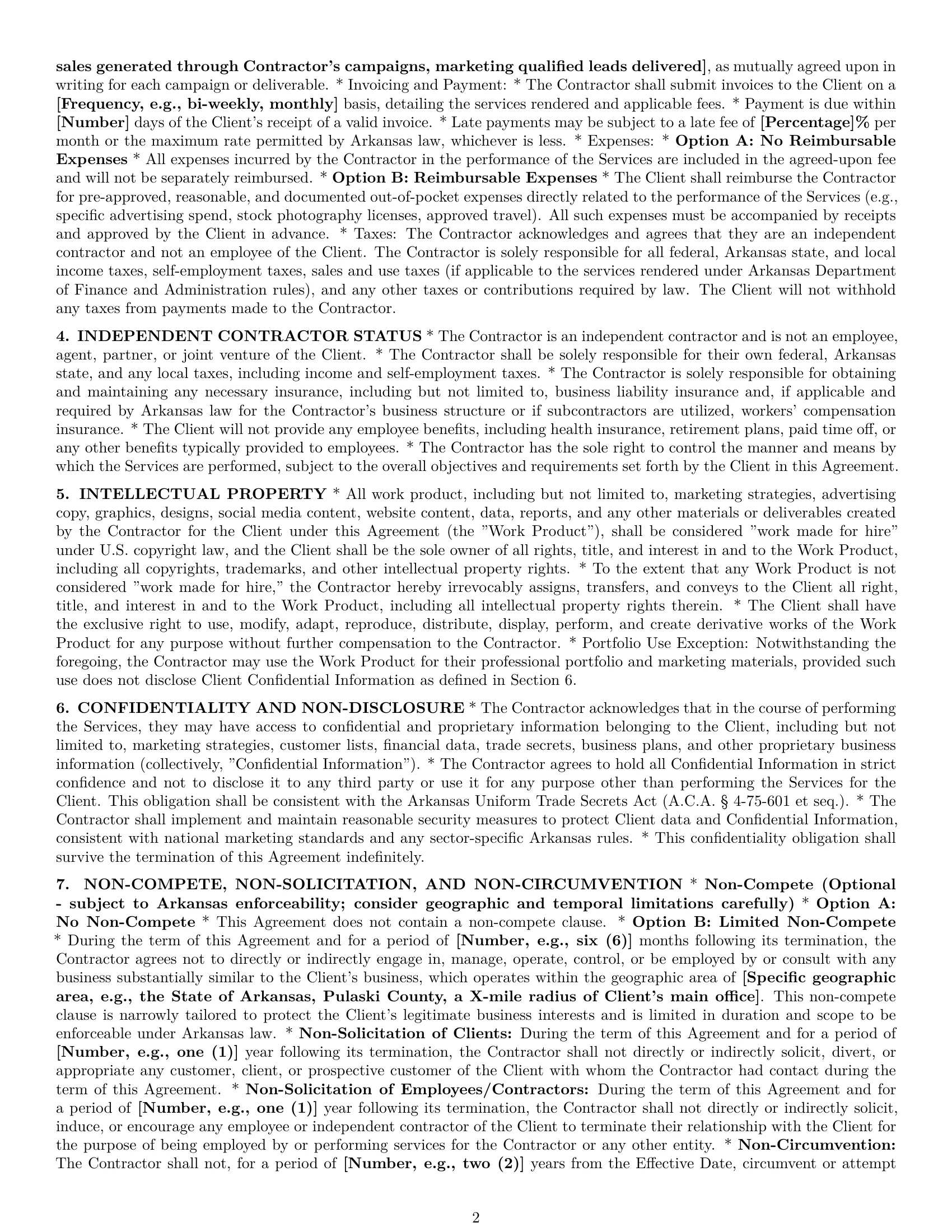 Preview page 2 of Pro Arkansas marketing independent contractor agreement template
