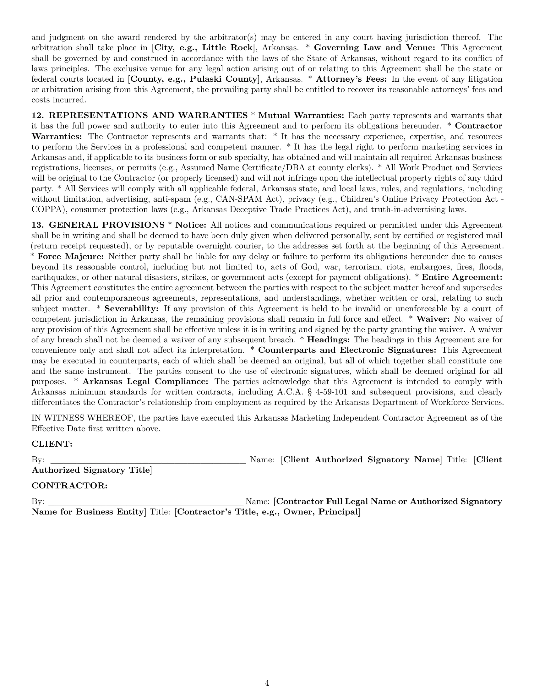 Preview page 4 of Pro Arkansas marketing independent contractor agreement template