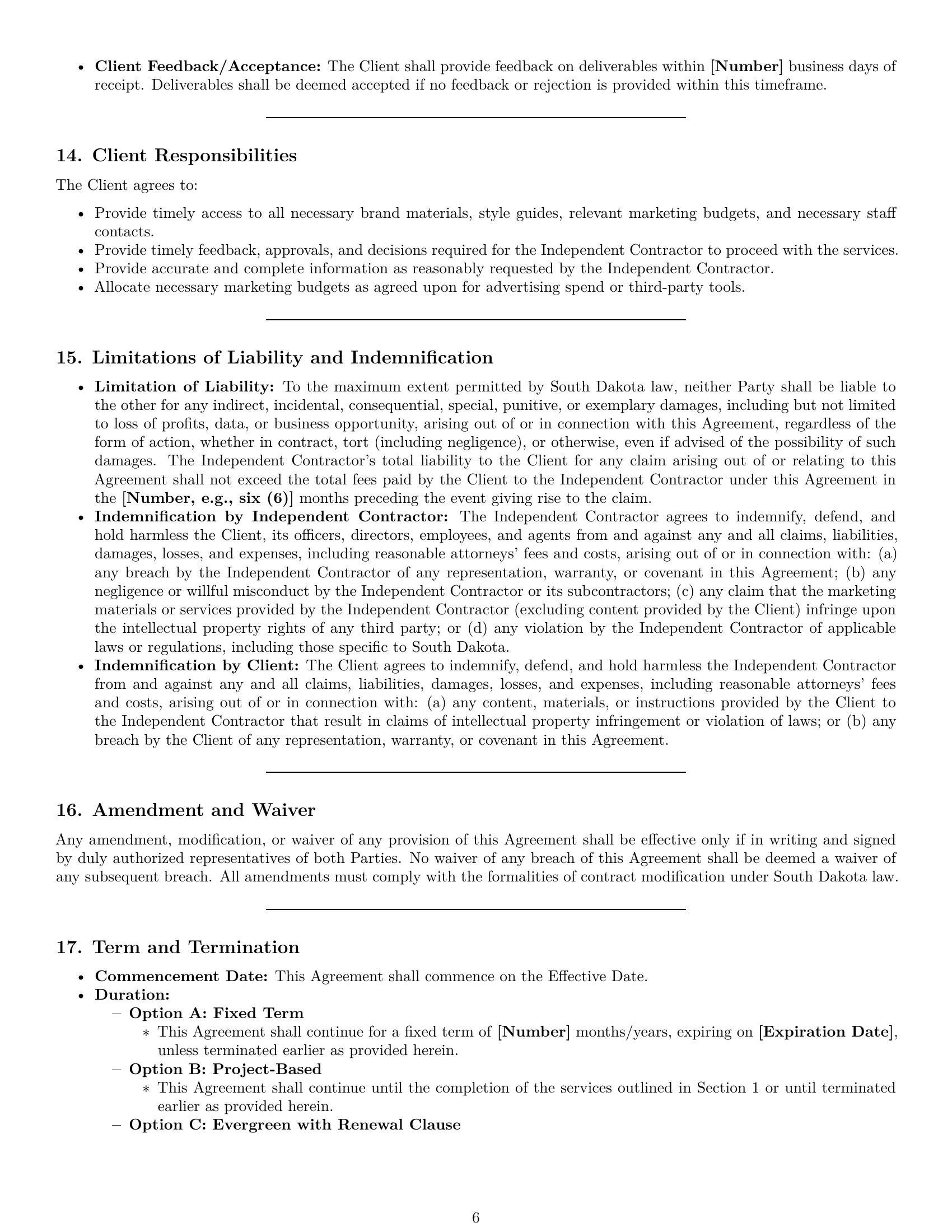Preview page 6 of Pro South Dakota marketing independent contractor agreement template